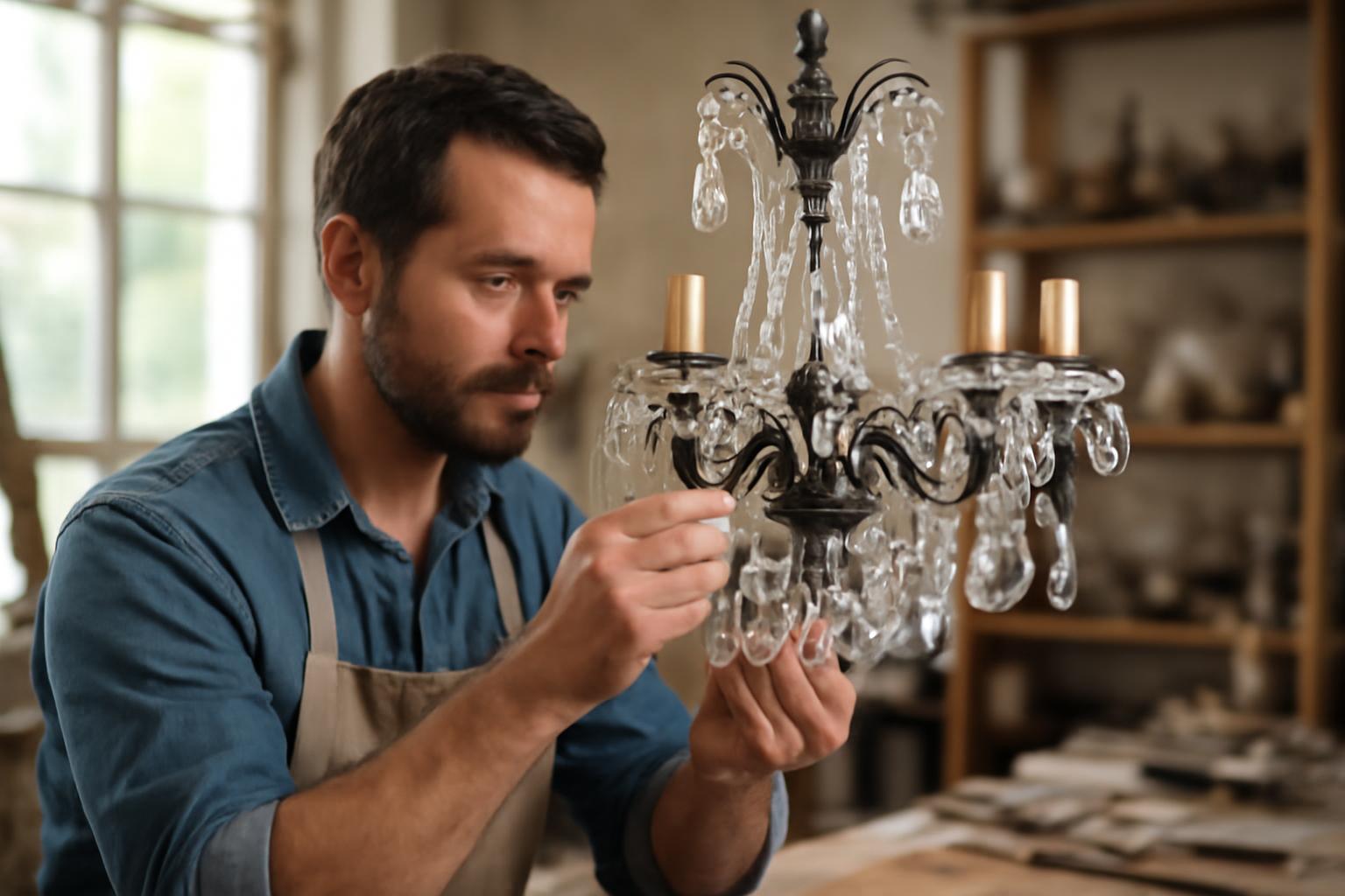 Egy csillárkészítő figyelmesen dolgozik egy elegáns csilláron.