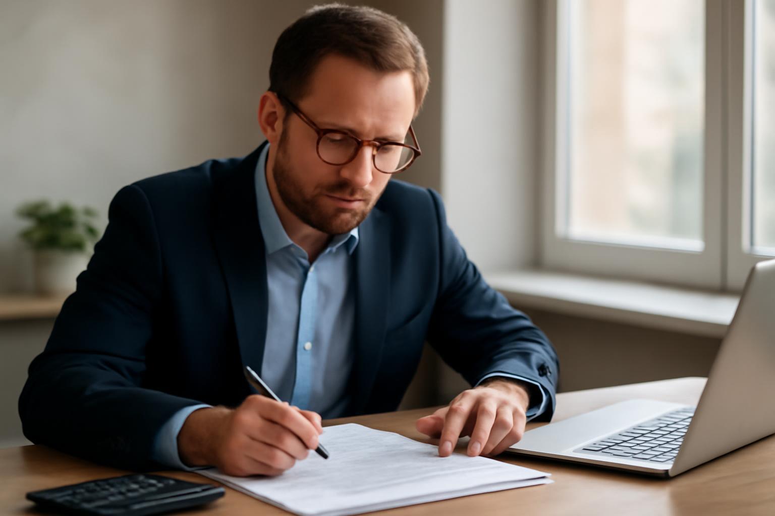 Egy csődeljárási szakértő írásban dolgozik, figyelmesen tanulmányozva a dokumentumokat.