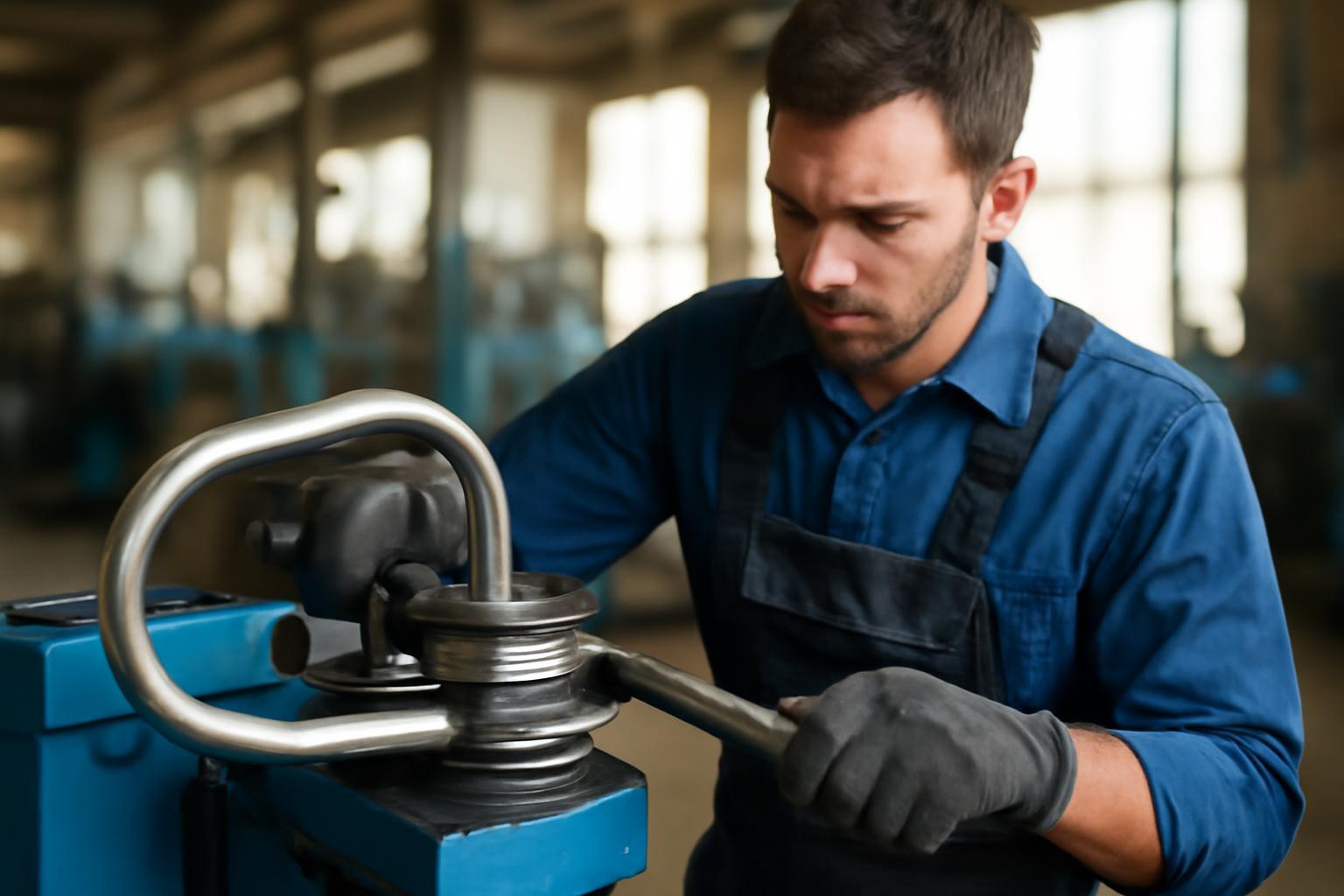 Egy csőhajlító gépkezelő a munkáját végzi, precízen hajlítva a csöveket.