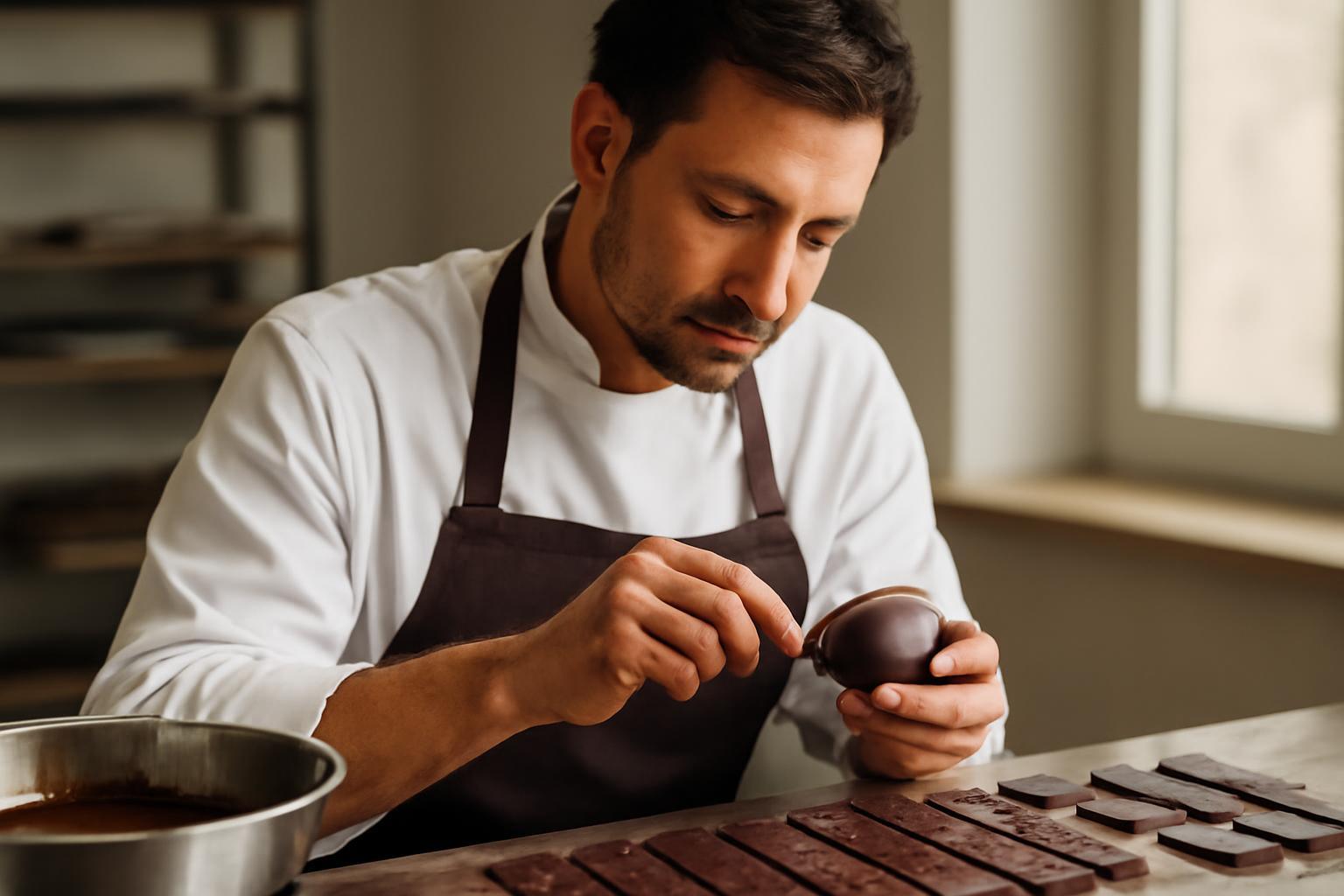 Egy csokoládékészítő precízen dolgozik a csokoládé formázásán.