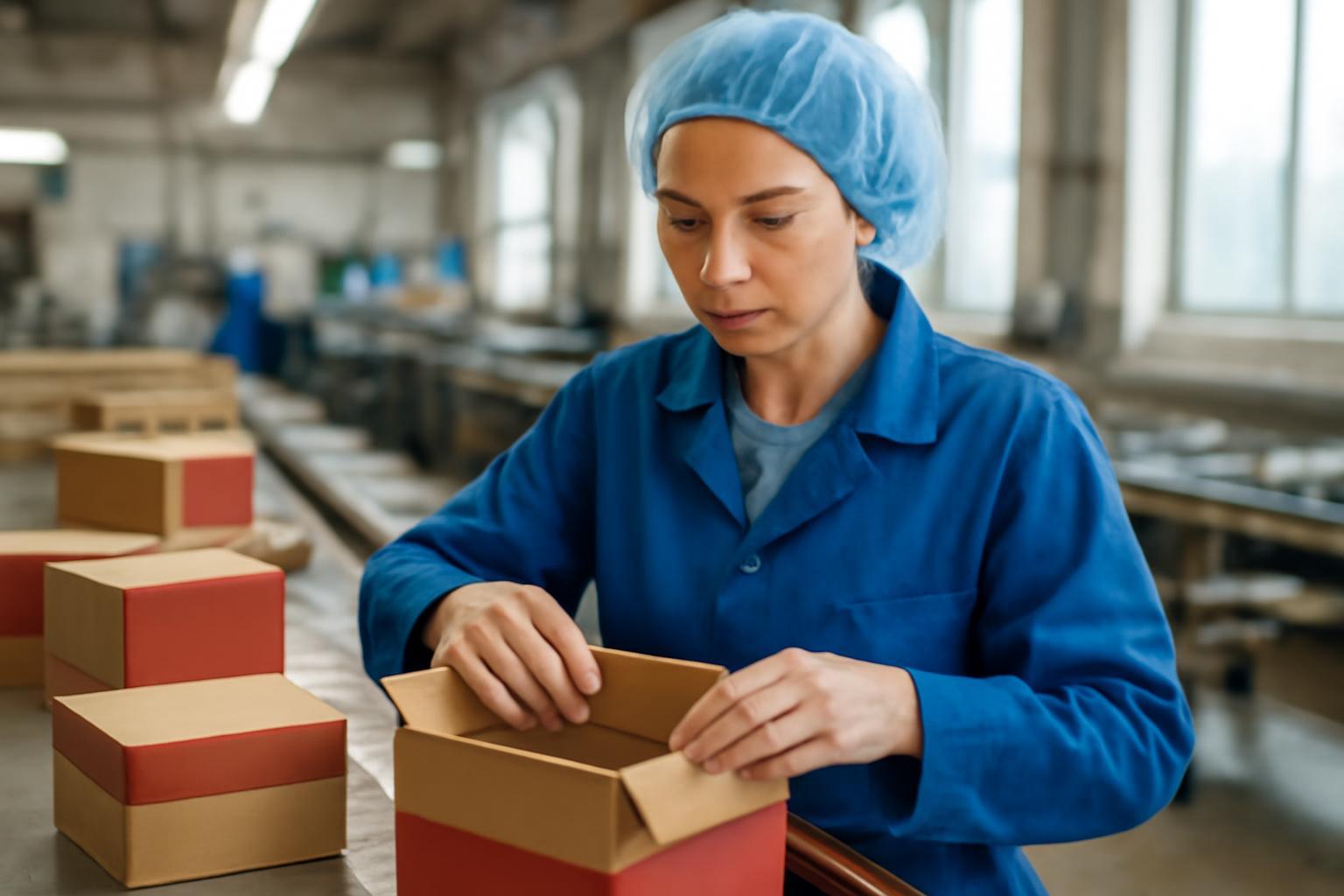 Egy csomagolóüzemi dolgozó dobozokat készít elő egy gyárban.