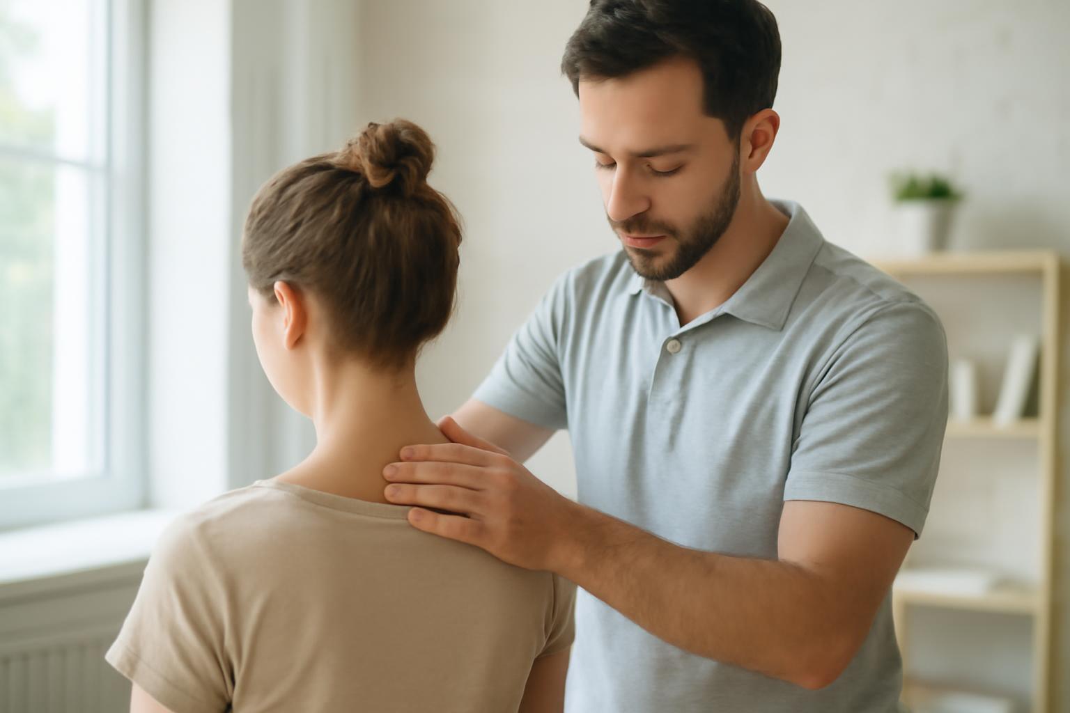 Egy csontkovács kezelést végez egy nő hátán, a háttér világos és barátságos.