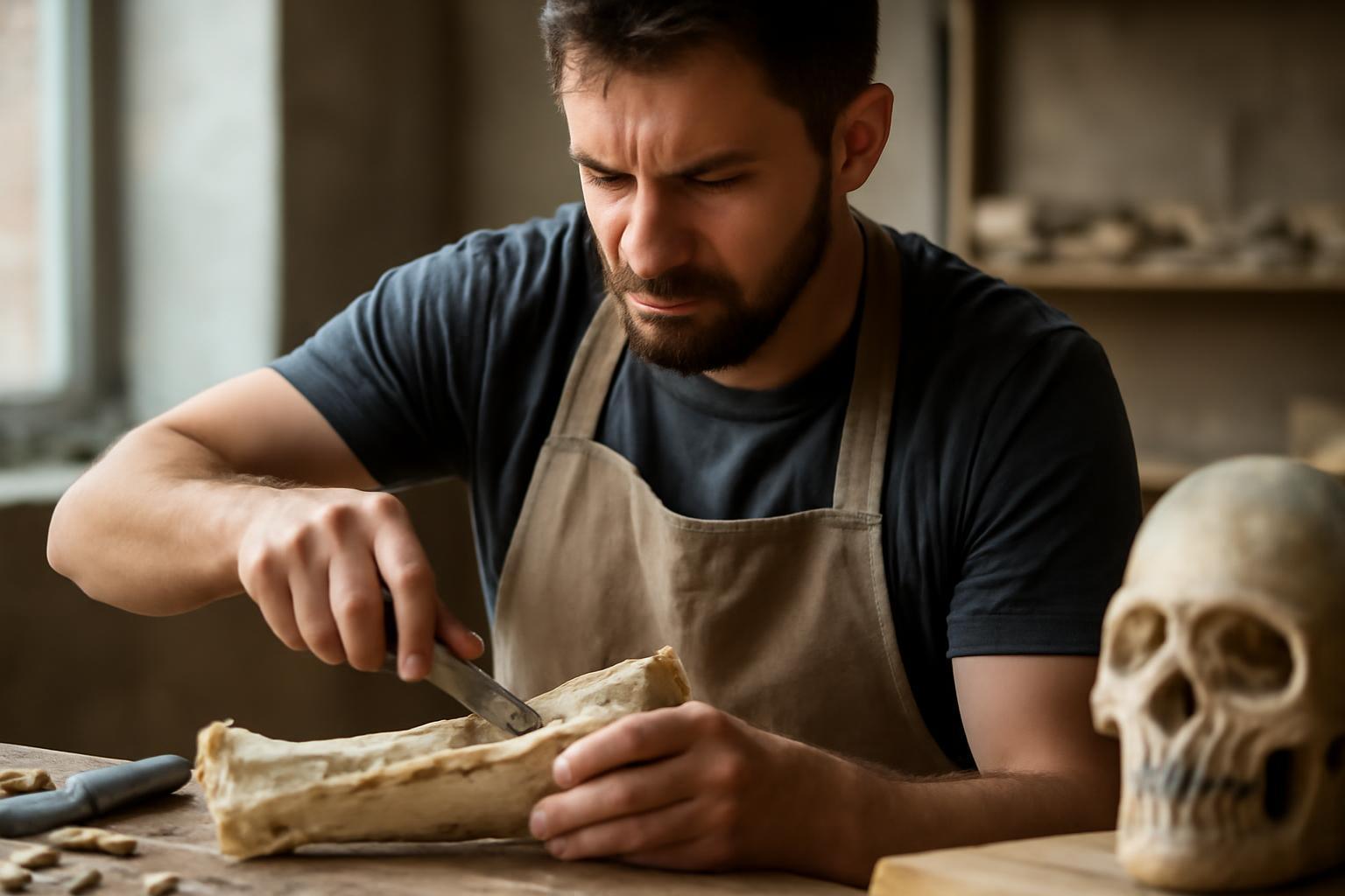 Egy csontmegmunkáló szakmunkás precízen dolgozik egy csontdarabon.