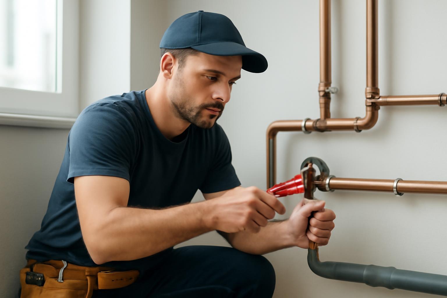 Egy csőszerelő munkálkodik a csöveken, szerszámot használva.