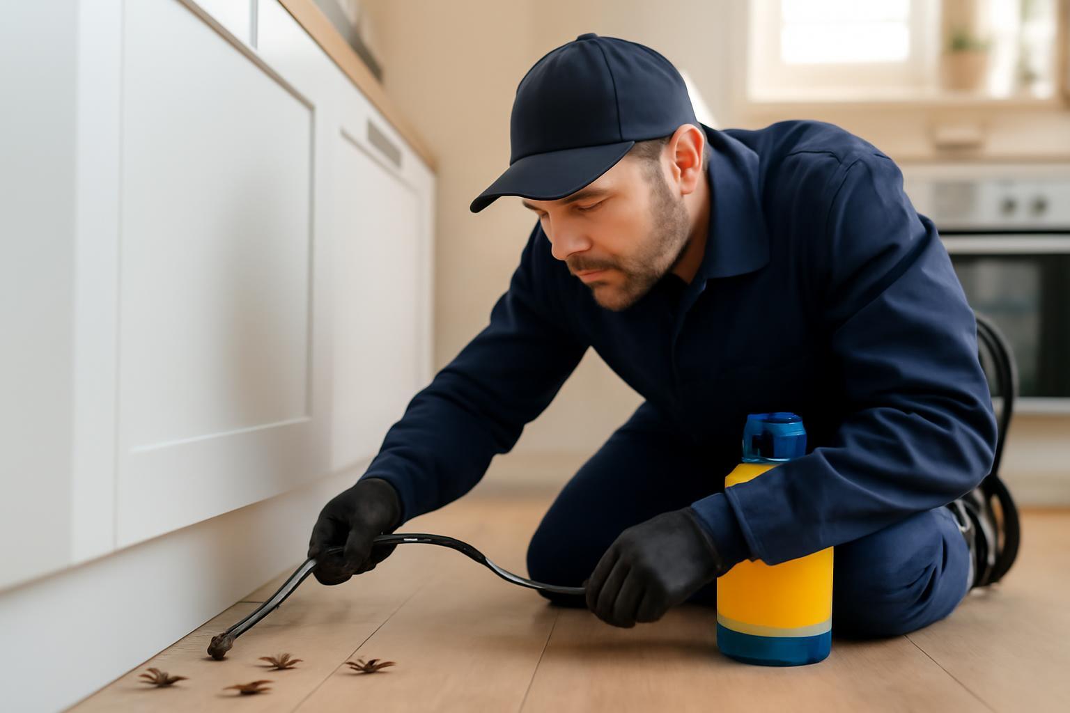 Egy csótányirtó a padlón dolgozik, kártevőirtó eszközökkel.