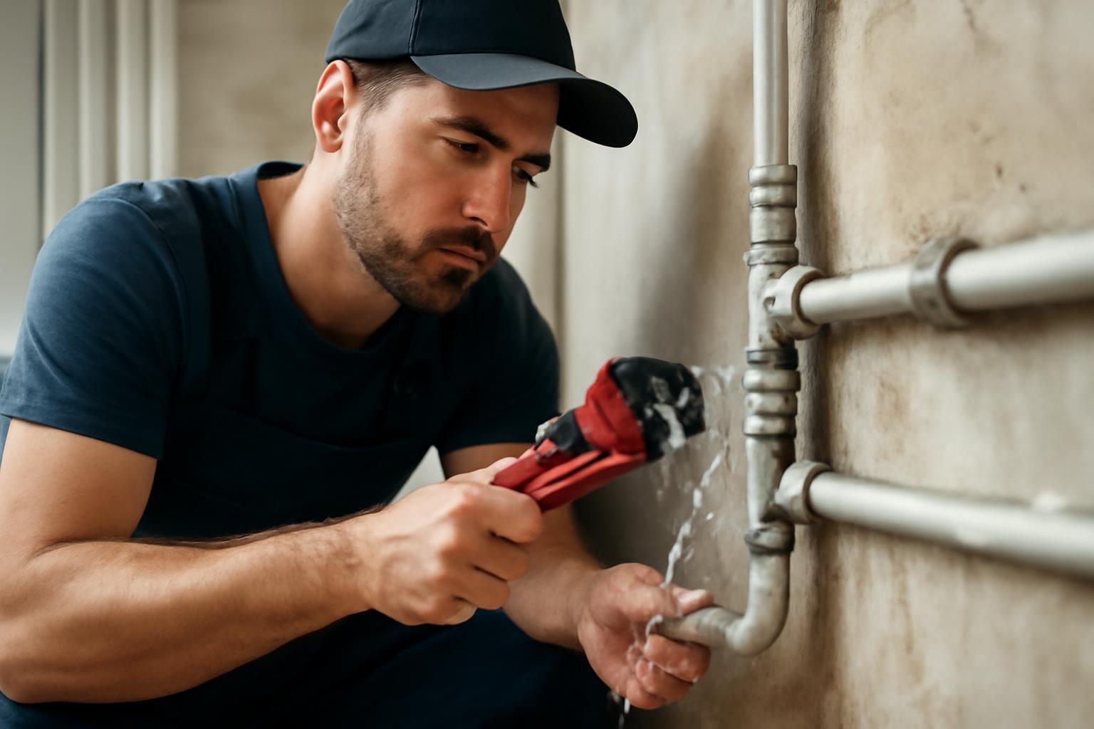 Egy csőtörés-elhárító szakember javítja a vízvezetékeket, víz folyik.