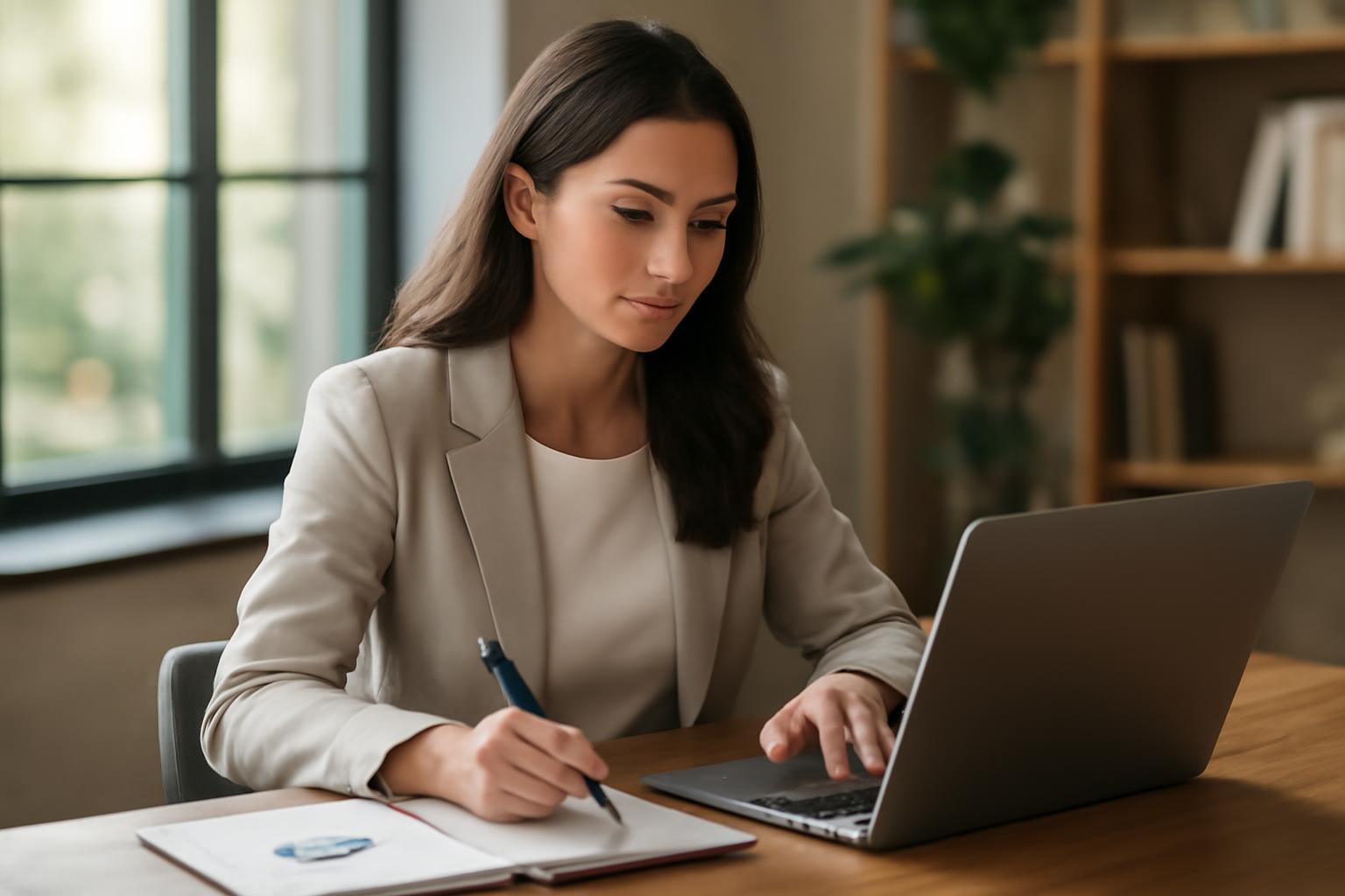 Egy fiatal nő dolgozik a laptopján, jegyzetel egy asztalnál.
