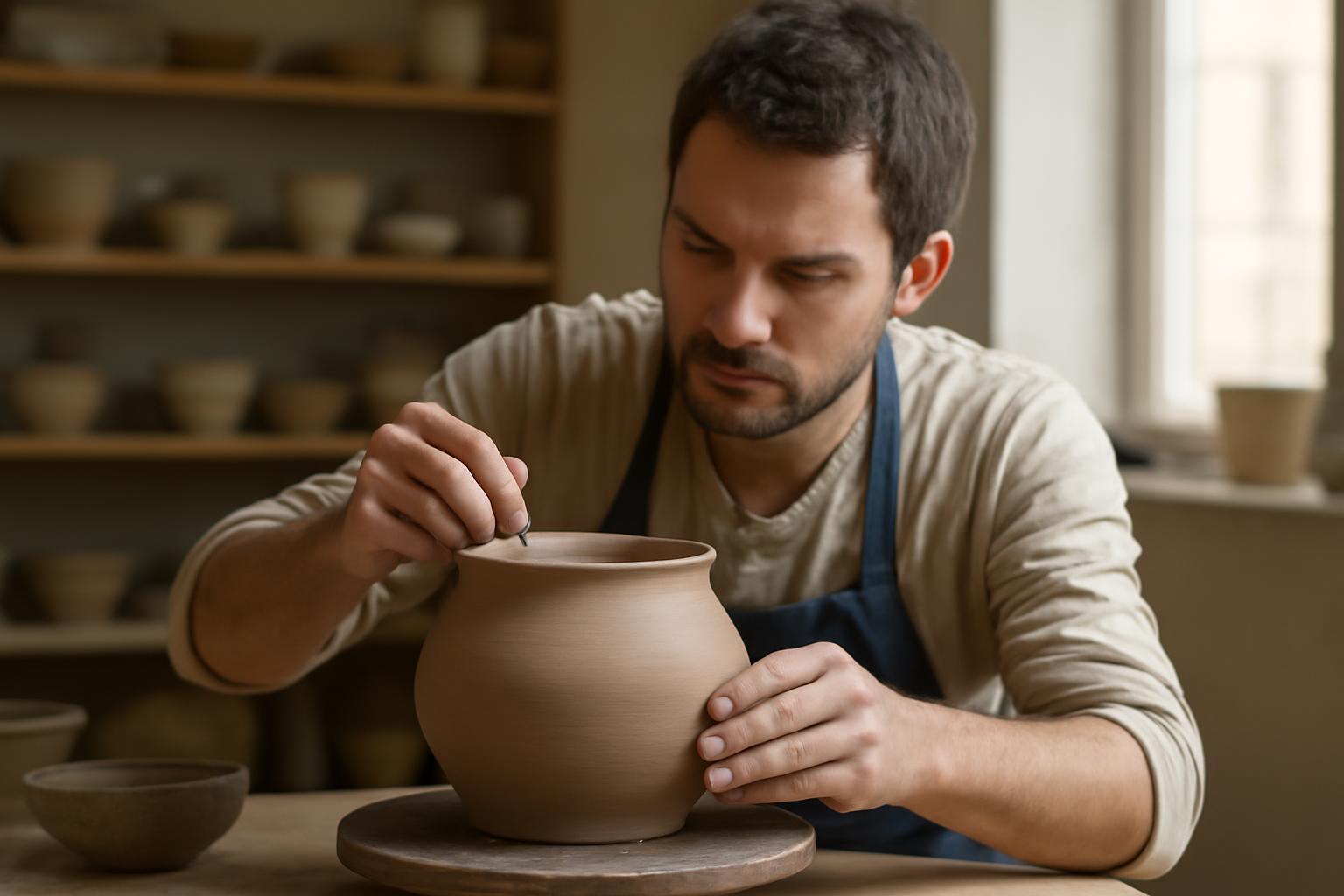 Egy keramikus csuporkészítést végez, figyelmesen formázva az agyagot.