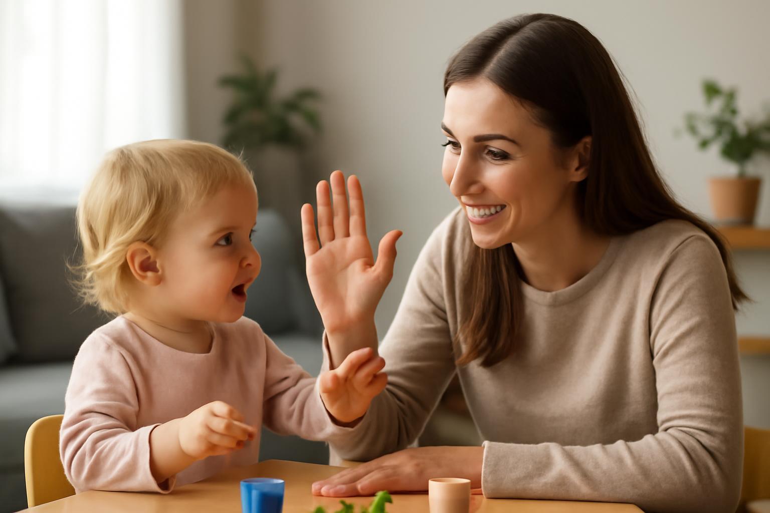 Egy dadus és egy kisgyermek játszik az asztalnál, mosolyogva kommunikálnak.