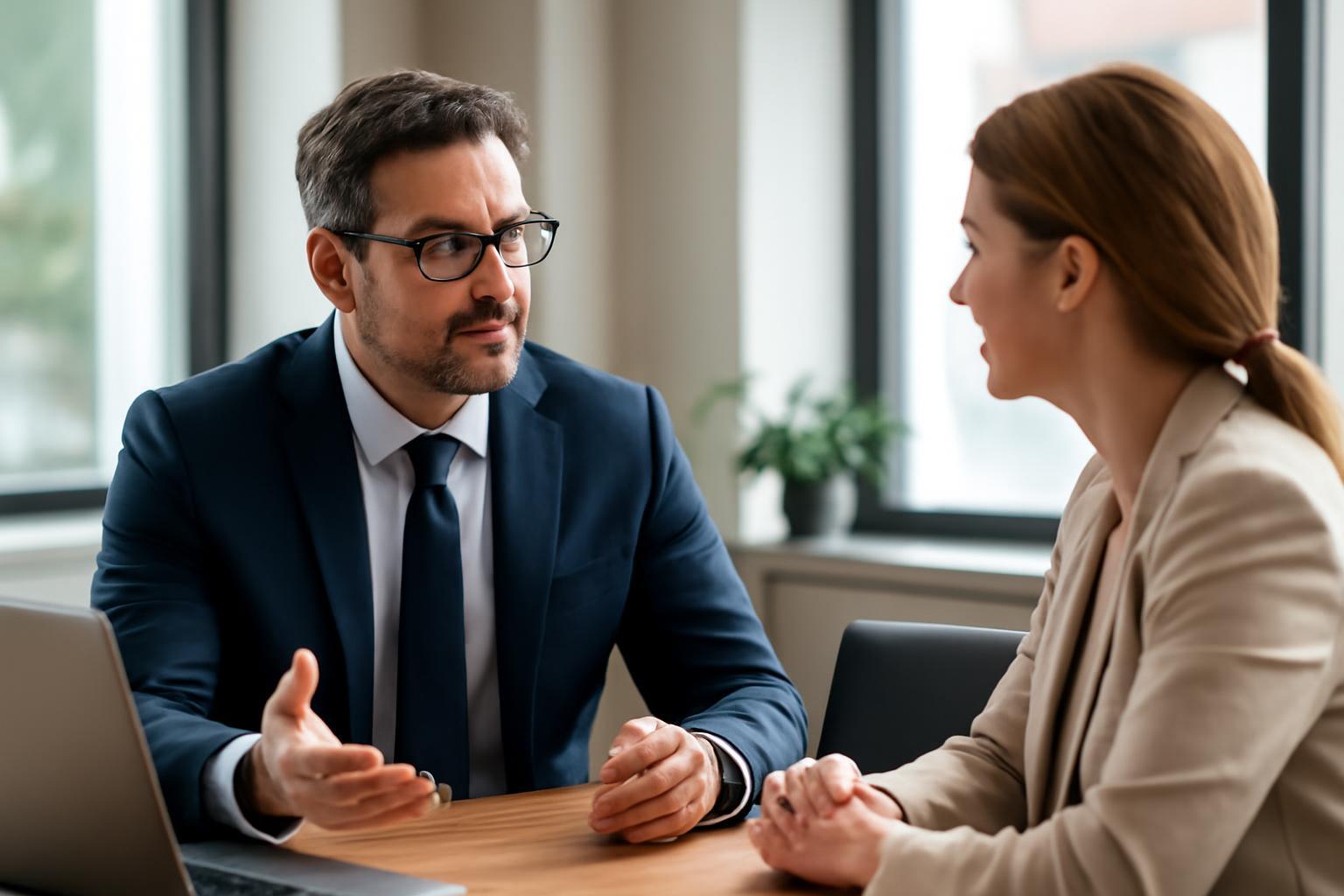 Két üzletember beszélget egy modern irodában, a tanácsadás légkörét teremtve.