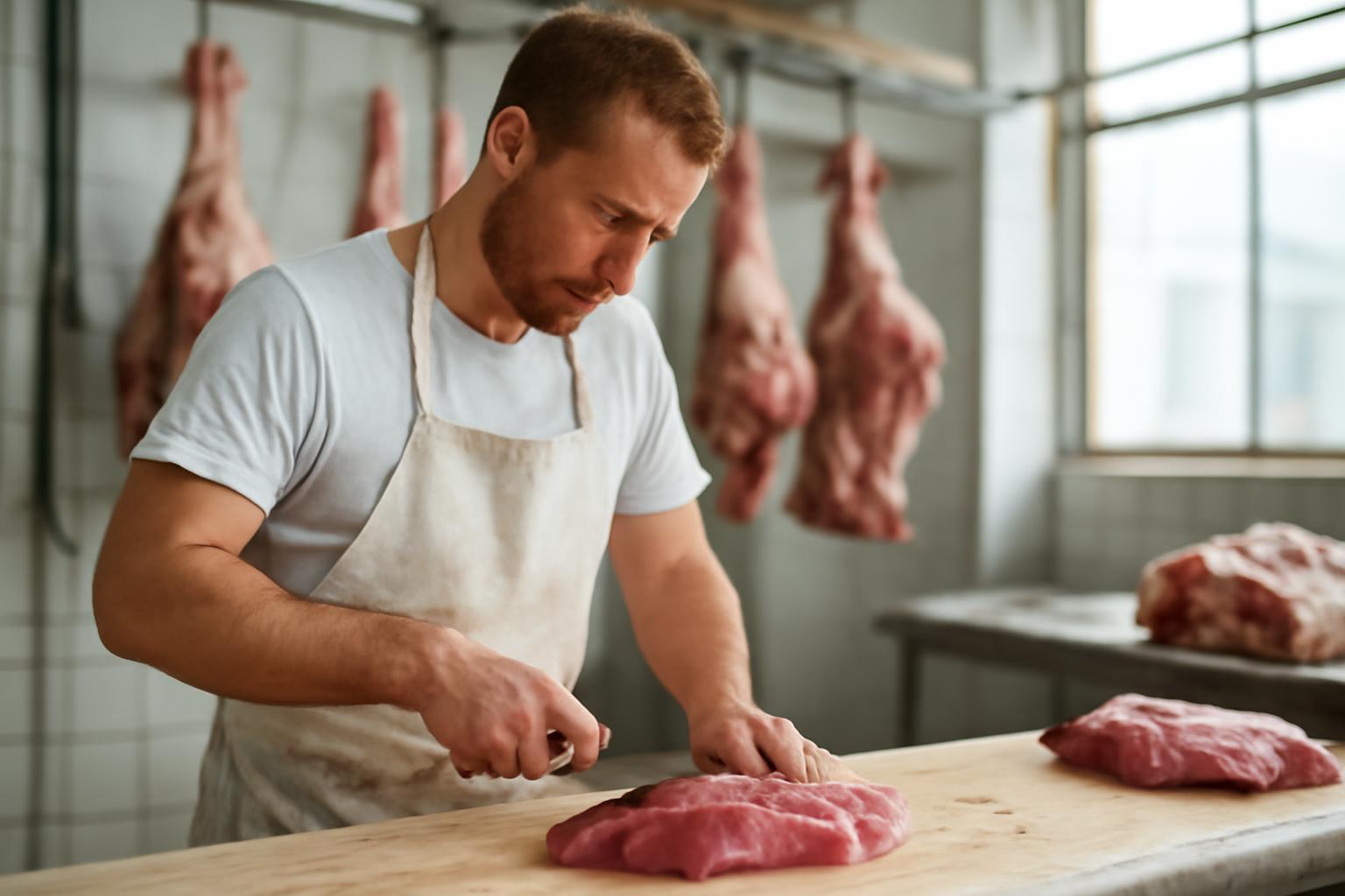 Egy daraboló húsipari környezetben, friss húsdarabokat készít elő.