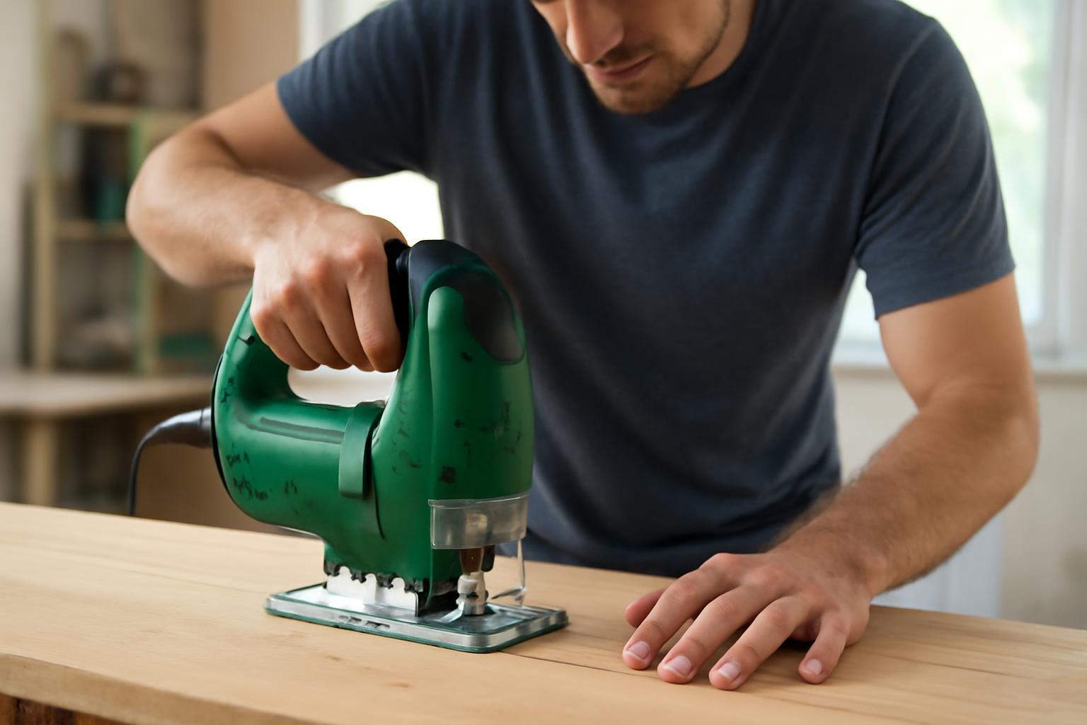 Egy férfi dekopírfűrész használatával fűrészel egy faanyagot.