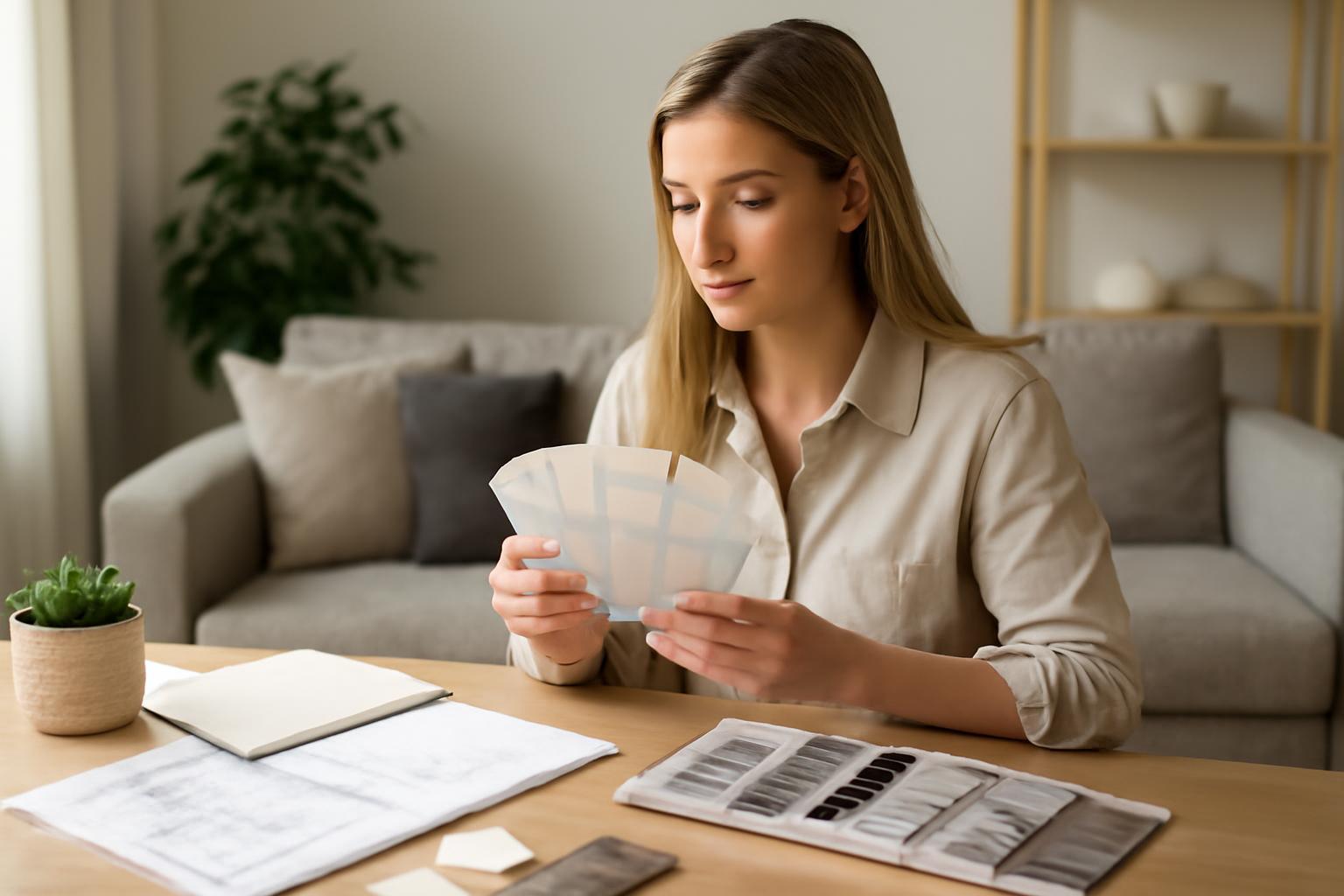Egy dekoratőr nő színmintákat nézeget, tervezési folyamatban.
