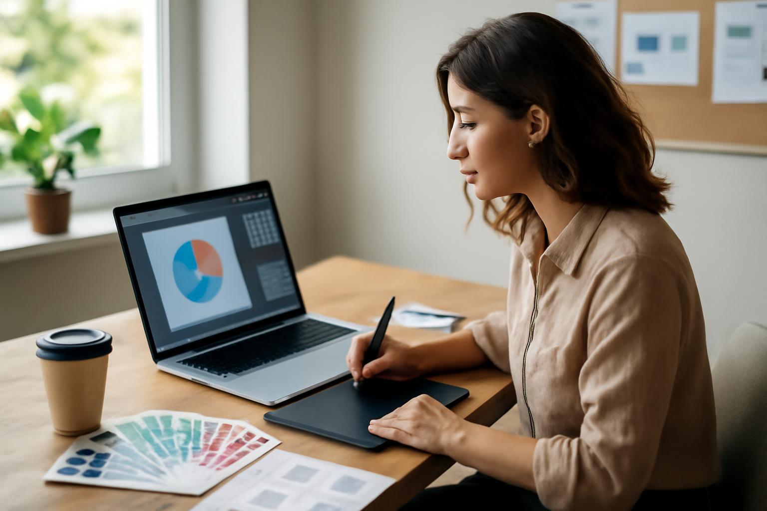 Egy fiatal nő grafikai tervezés közben, digitális táblával és laptopon színes diagrammal.