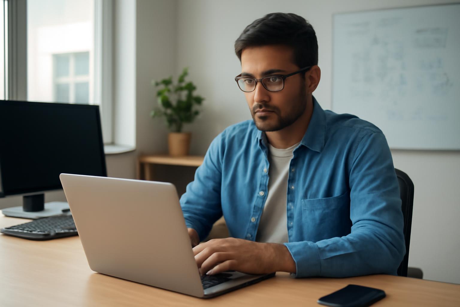 Egy fiatal férfi laptopon dolgozik, DevOps feladatokat végezve egy modern irodában.