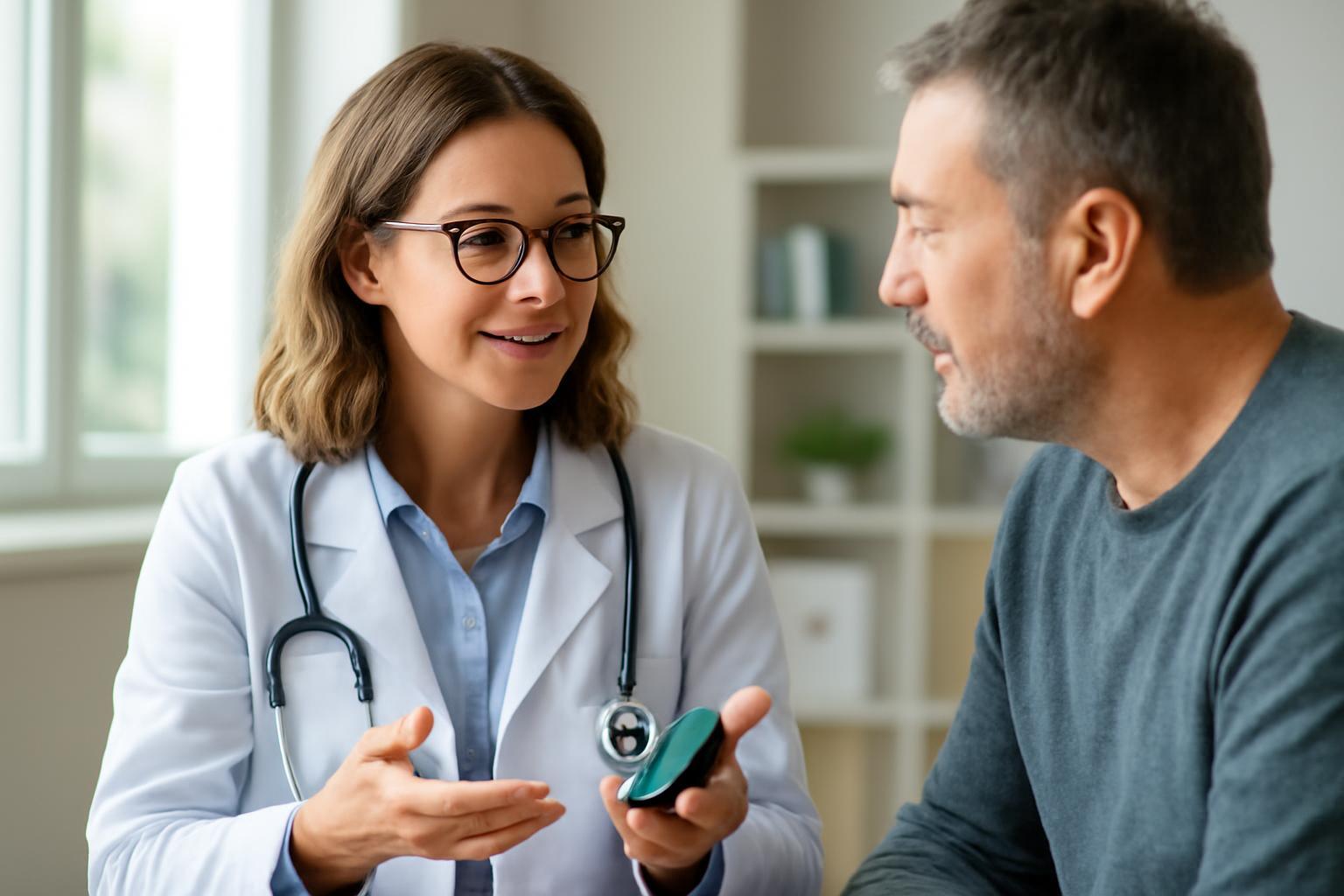 Egy diabetes edukátor beszélget egy pácienssel, miközben egy eszközt mutat.