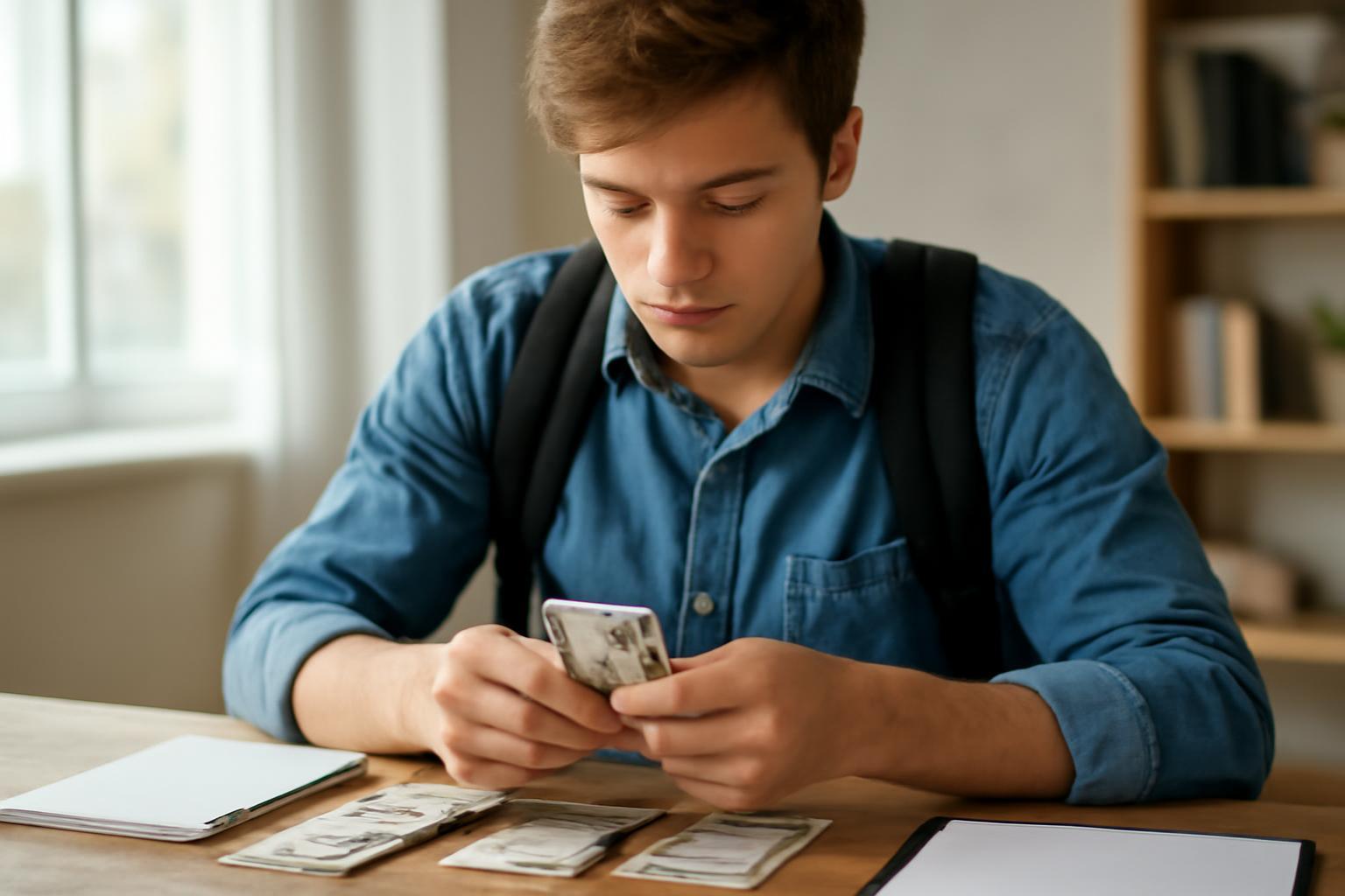 Egy fiatal diák pénzt számol az asztalon, mellette jegyzetek.