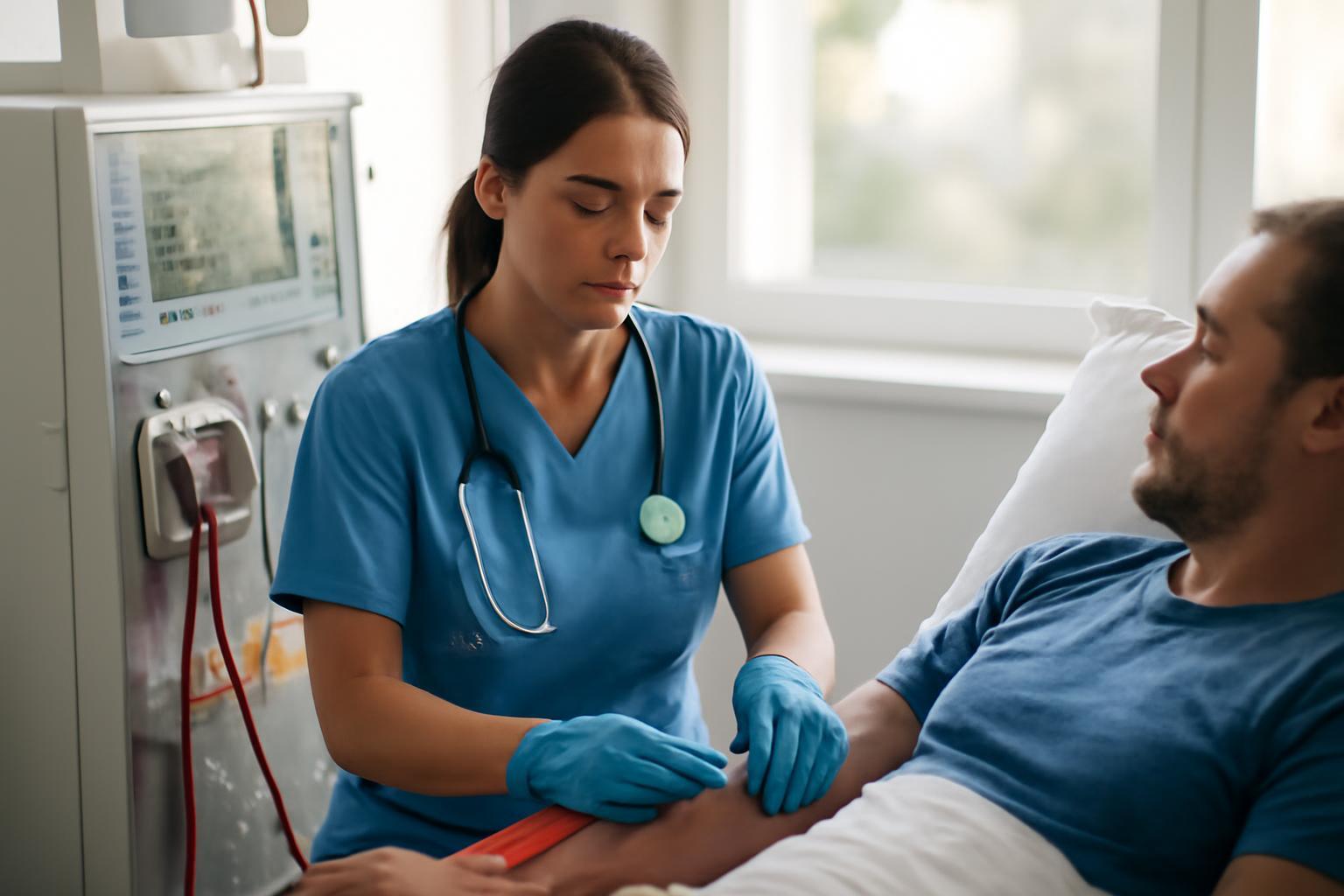 Egy dializáló ápoló a beteg karján végzi a kezelést, miközben a dialízis gép működik a háttérben.