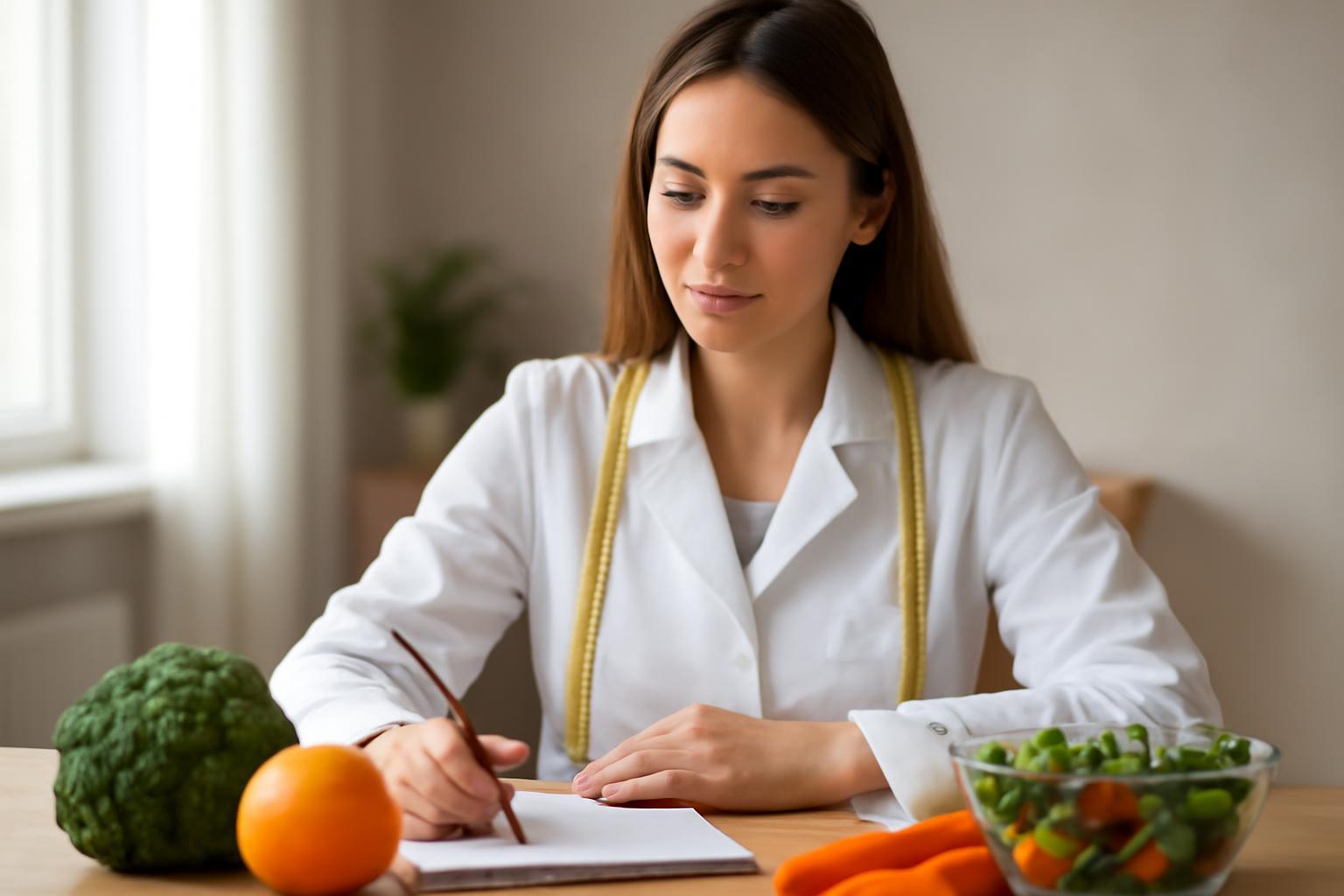 Egy dietetikus fehér köpenyben, zöldségekkel és gyümölcsökkel dolgozik.