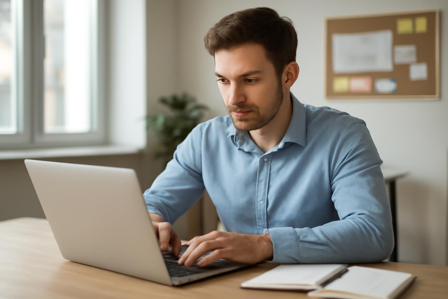 Egy fiatal férfi digitális marketinges munkáját végzi laptopján egy világos irodában.