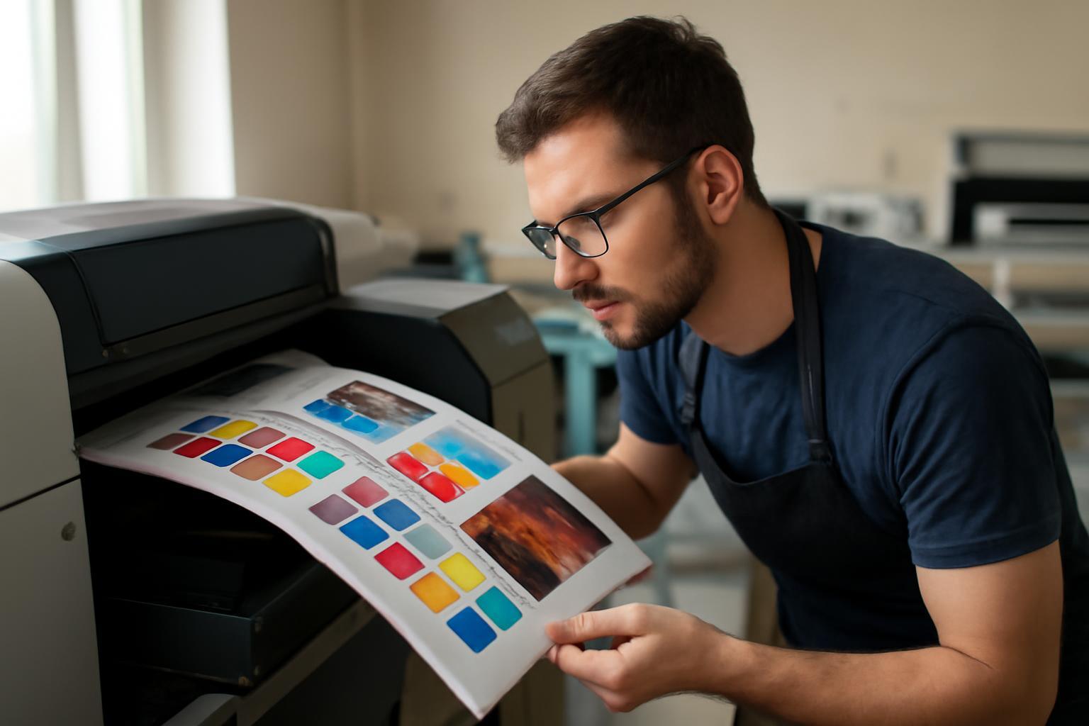 Egy digitális nyomdász színes nyomatokat ellenőriz a nyomtatóból.