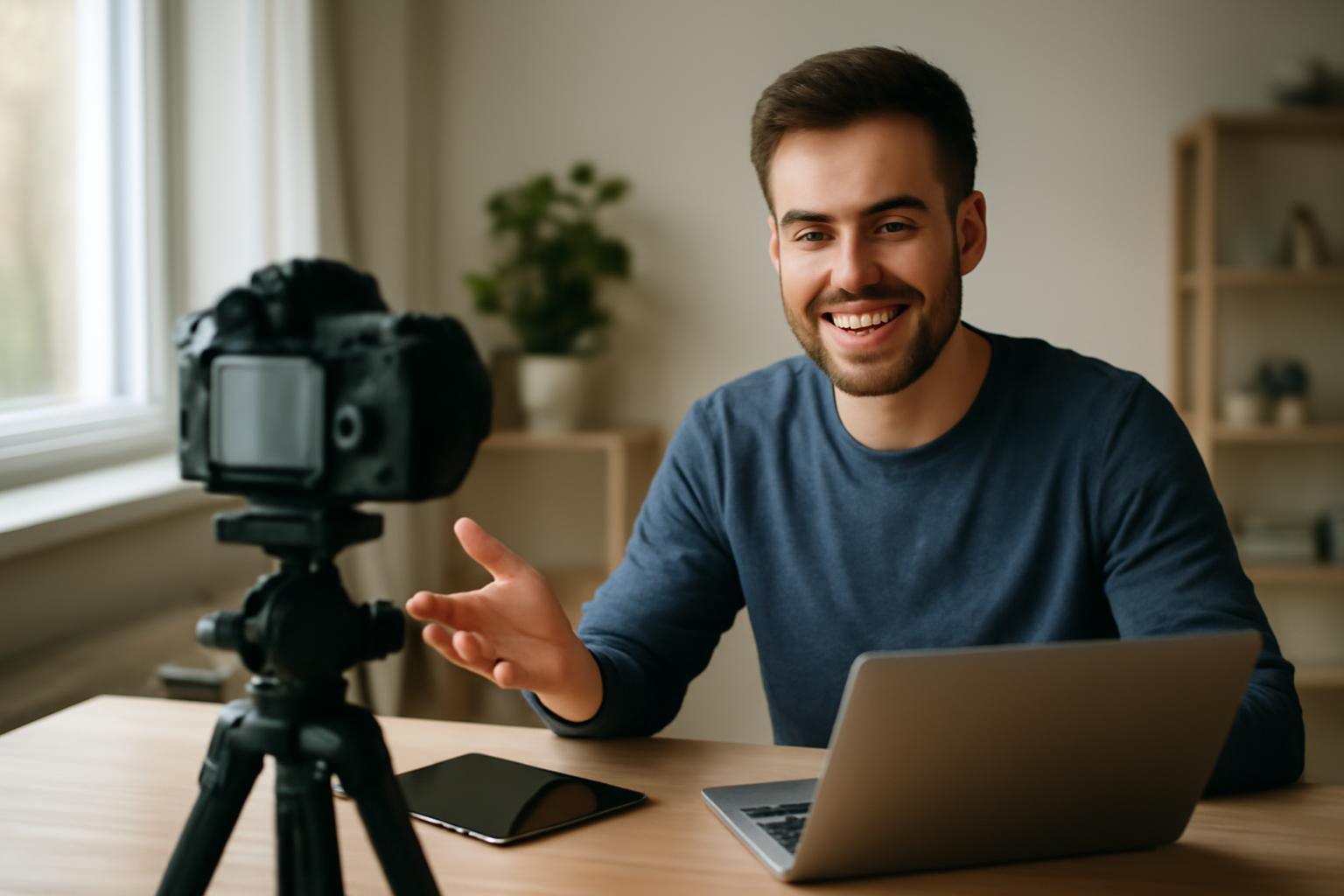 Egy fiatal férfi mosolyogva beszél a kamerába, laptop és tablet előtt ülve.