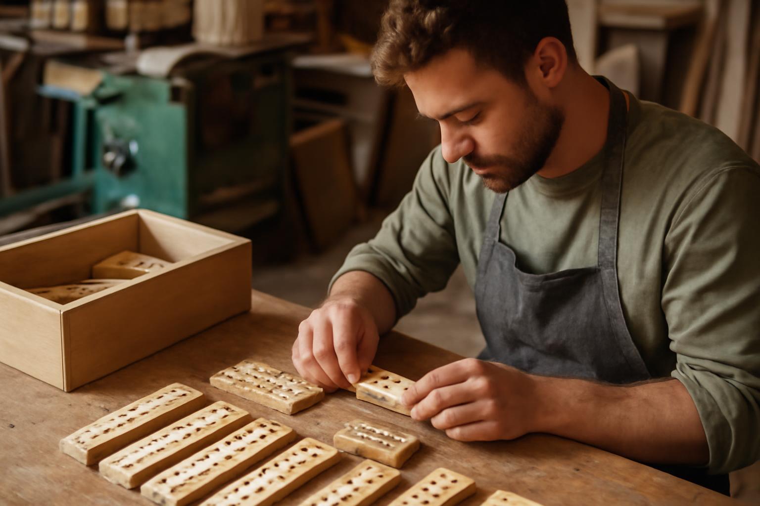 Egy dominógyártó precízen dolgozik a fa dominókon egy műhelyben.