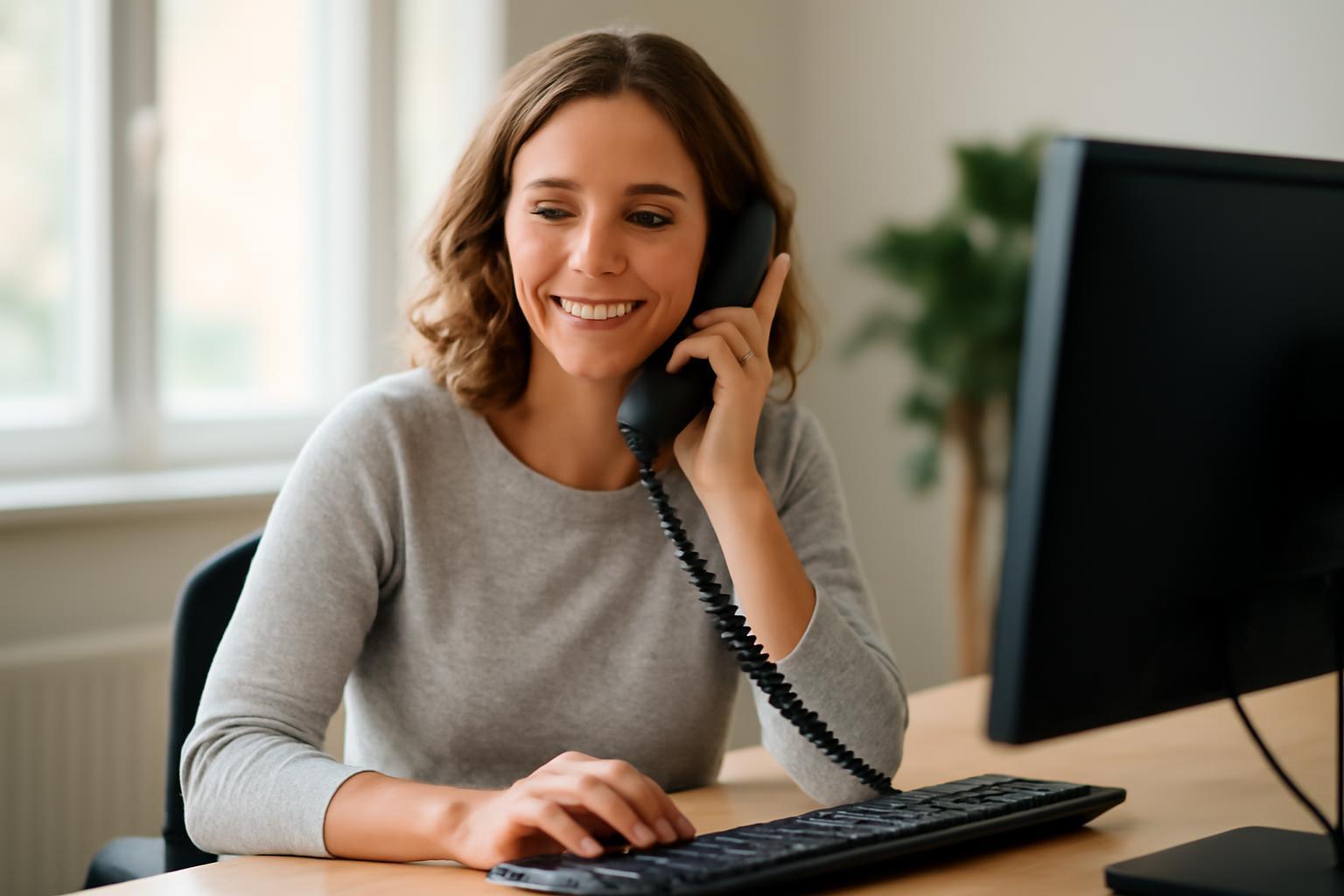 Egy mosolygó nő telefonál, miközben számítógép előtt ül, donor koordinátorként dolgozik.