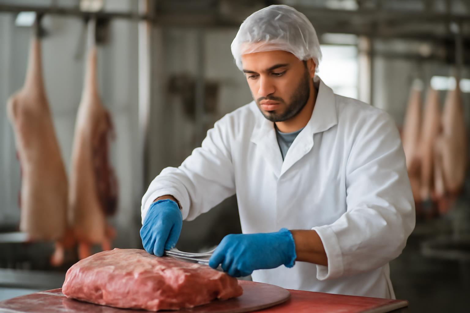 Egy dorongoló húsipari dolgozó precízen dolgozik a húsdarabon.