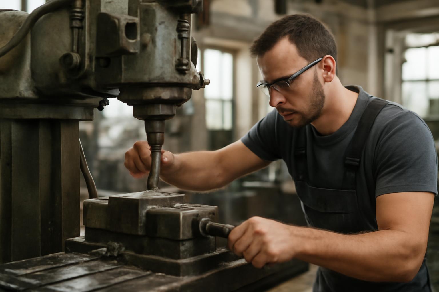 Egy dörzsölő szakmunkás gépműhelyben dolgozik, precízen kezelve a gépet.