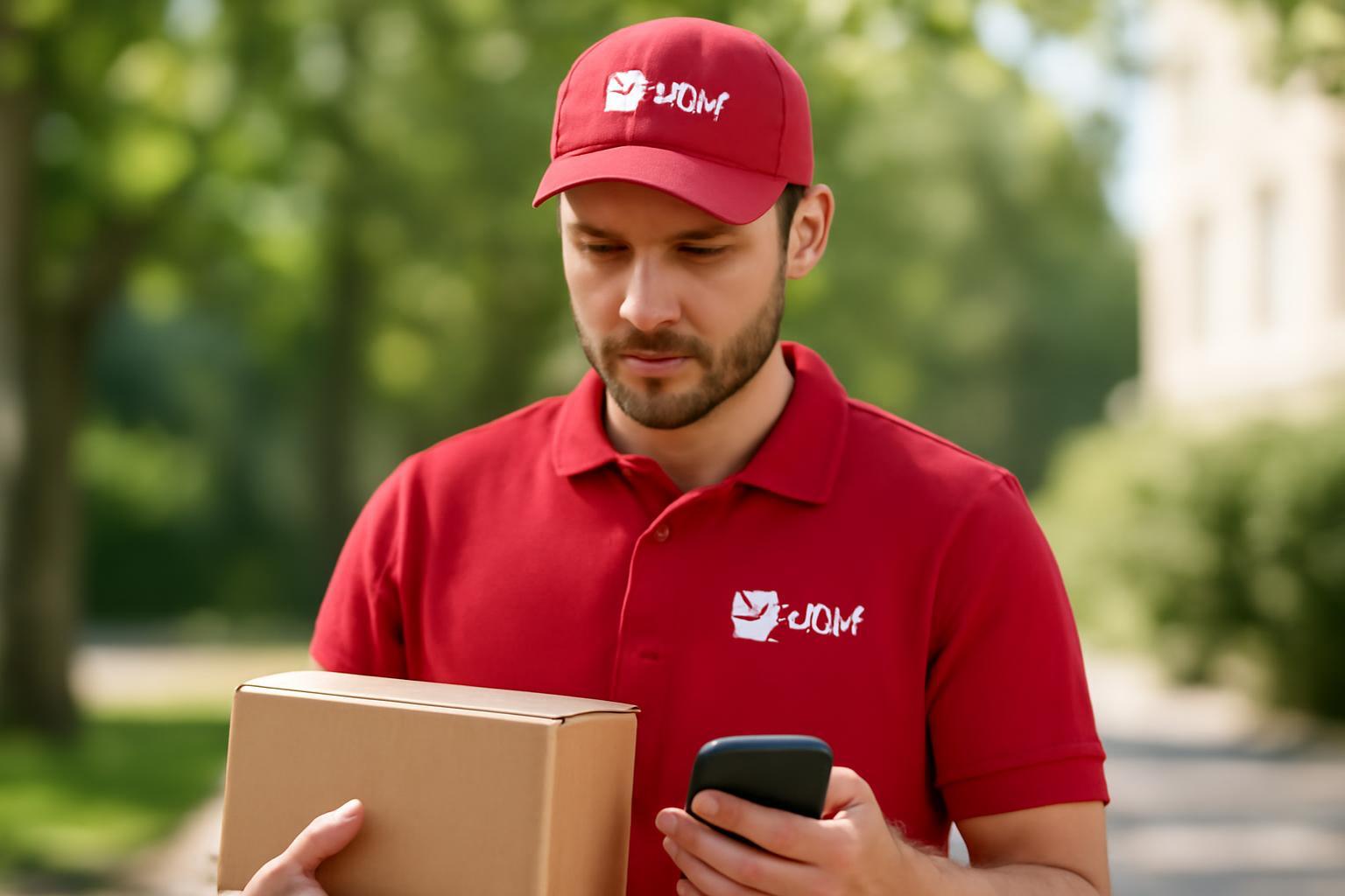 Egy DPD-futár piros pólóban és sapkában, csomagot tart a kezében, miközben telefonját nézi.