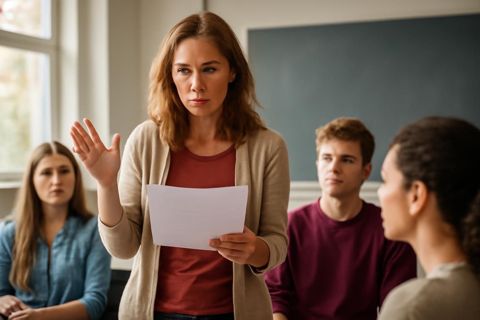 Egy drámapedagógus előadást tart a diákoknak egy tanteremben.
