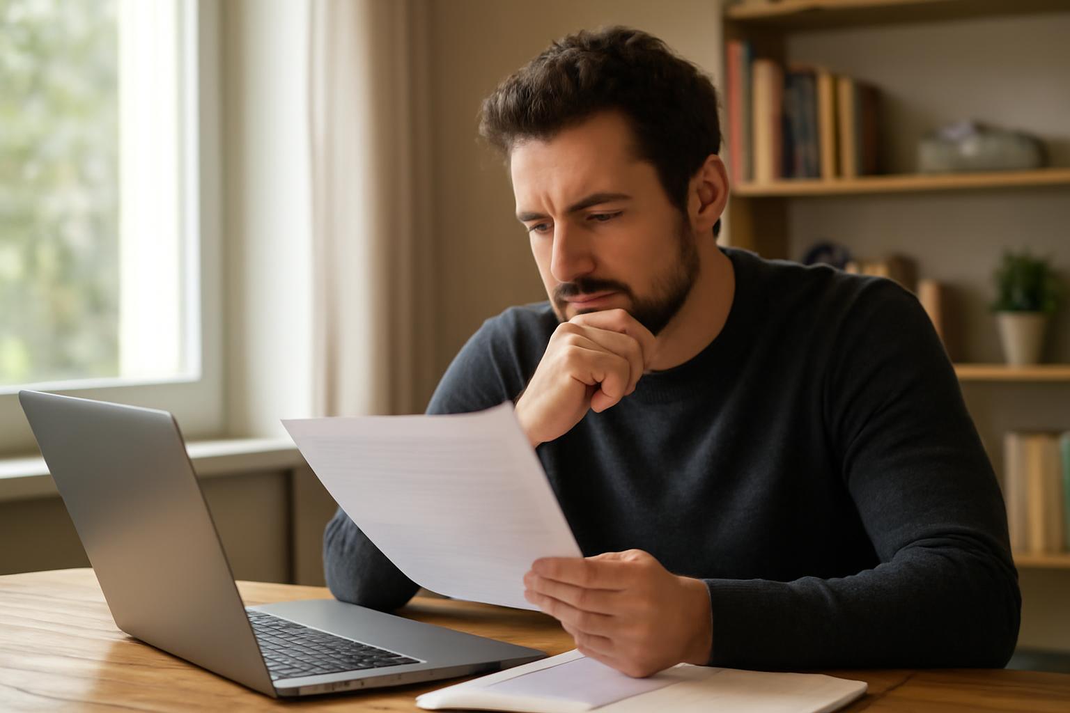 Egy férfi figyelmesen olvas egy papírt, miközben a laptopja előtt ül.