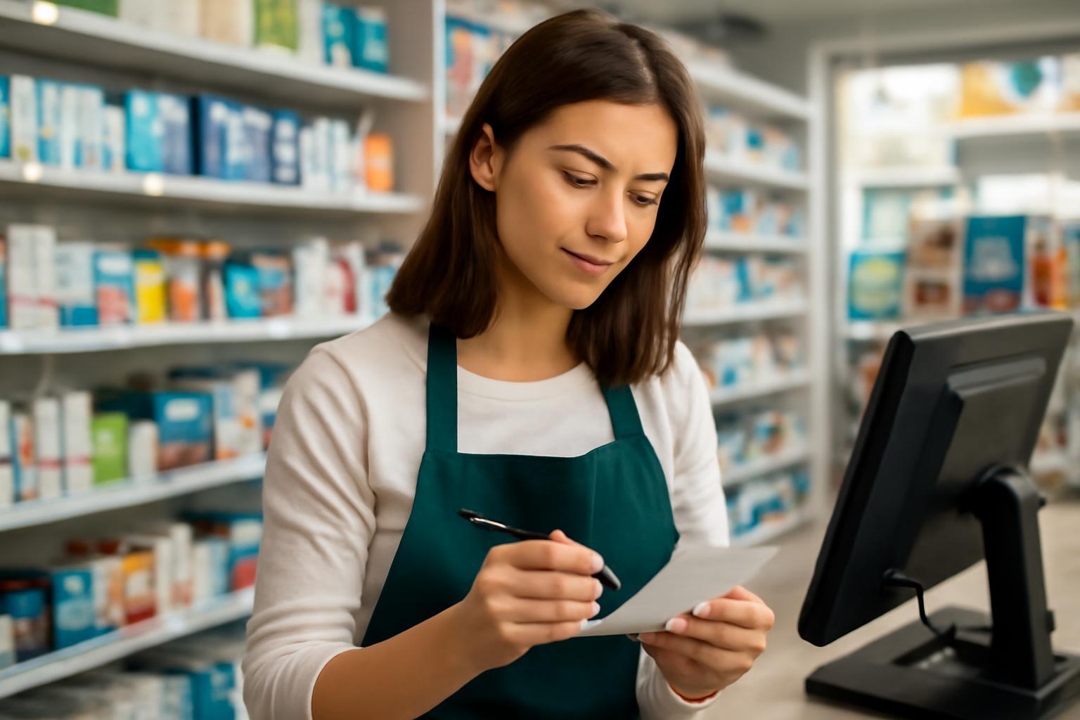 Egy drogéria eladója jegyzetel a pénztárnál, háttérben termékek.
