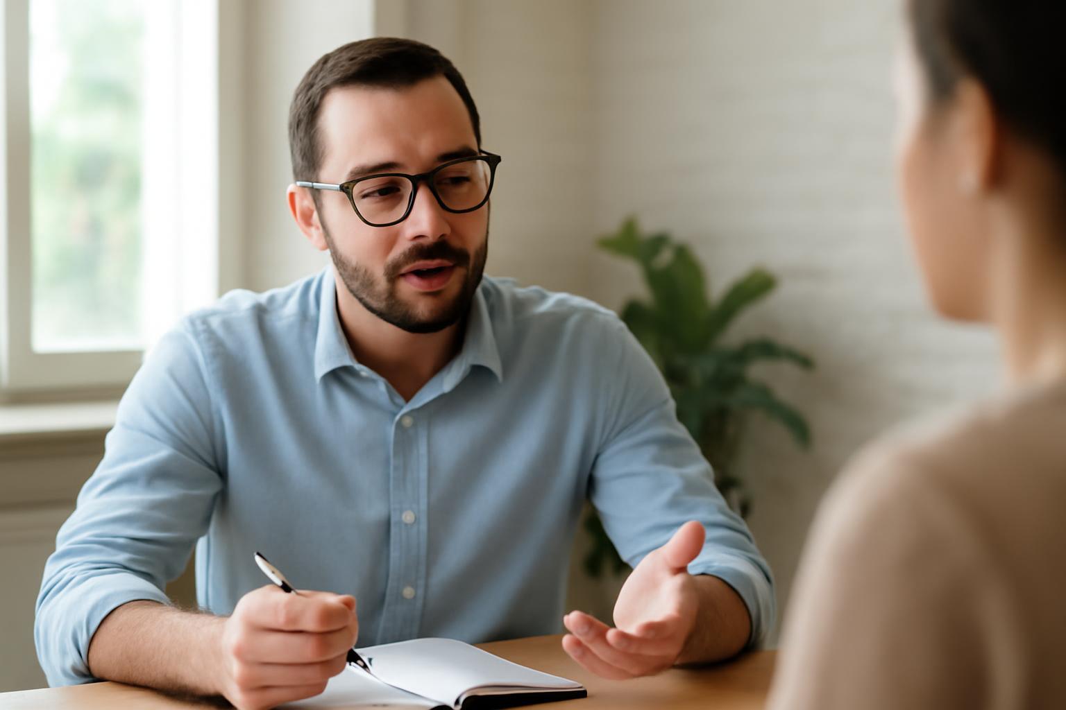 Egy drogprevenciós szakember beszélget egy ügyféllel, jegyzetel a munkájáról.