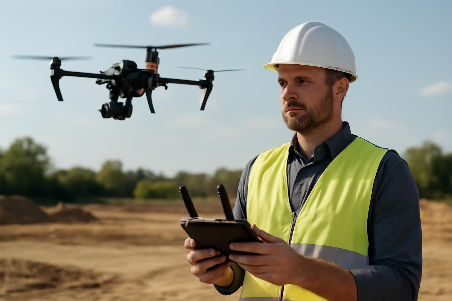 Egy drónfelmérő operátor irányít egy drónt egy építkezési területen.