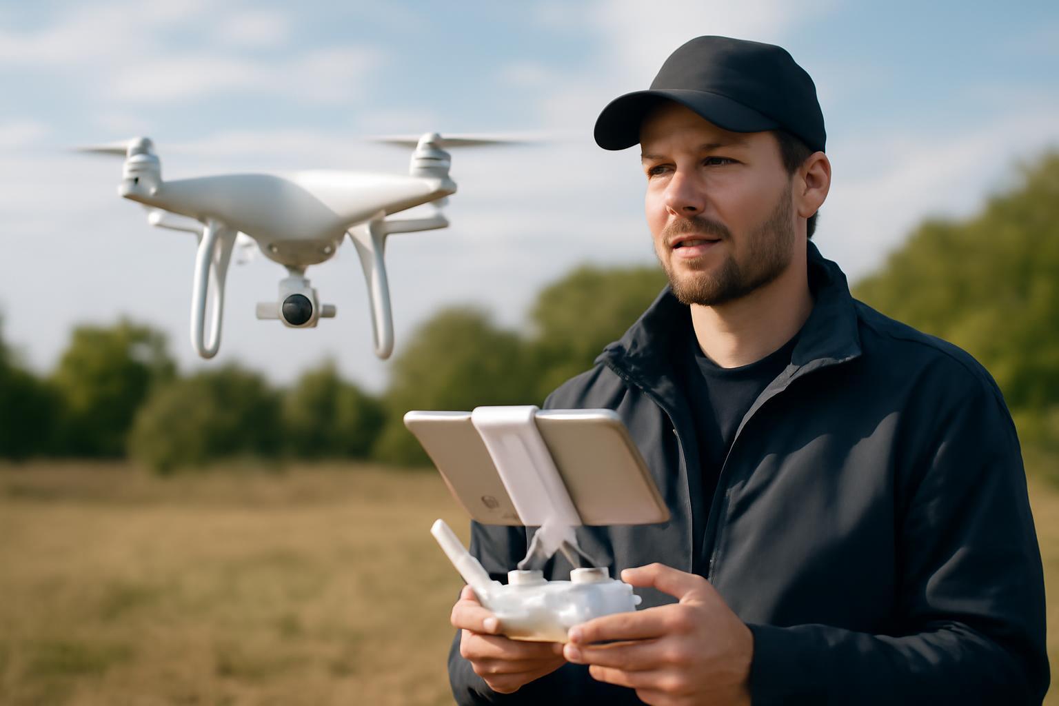 Egy drónpilóta irányítja a drónját egy zöld mező felett.