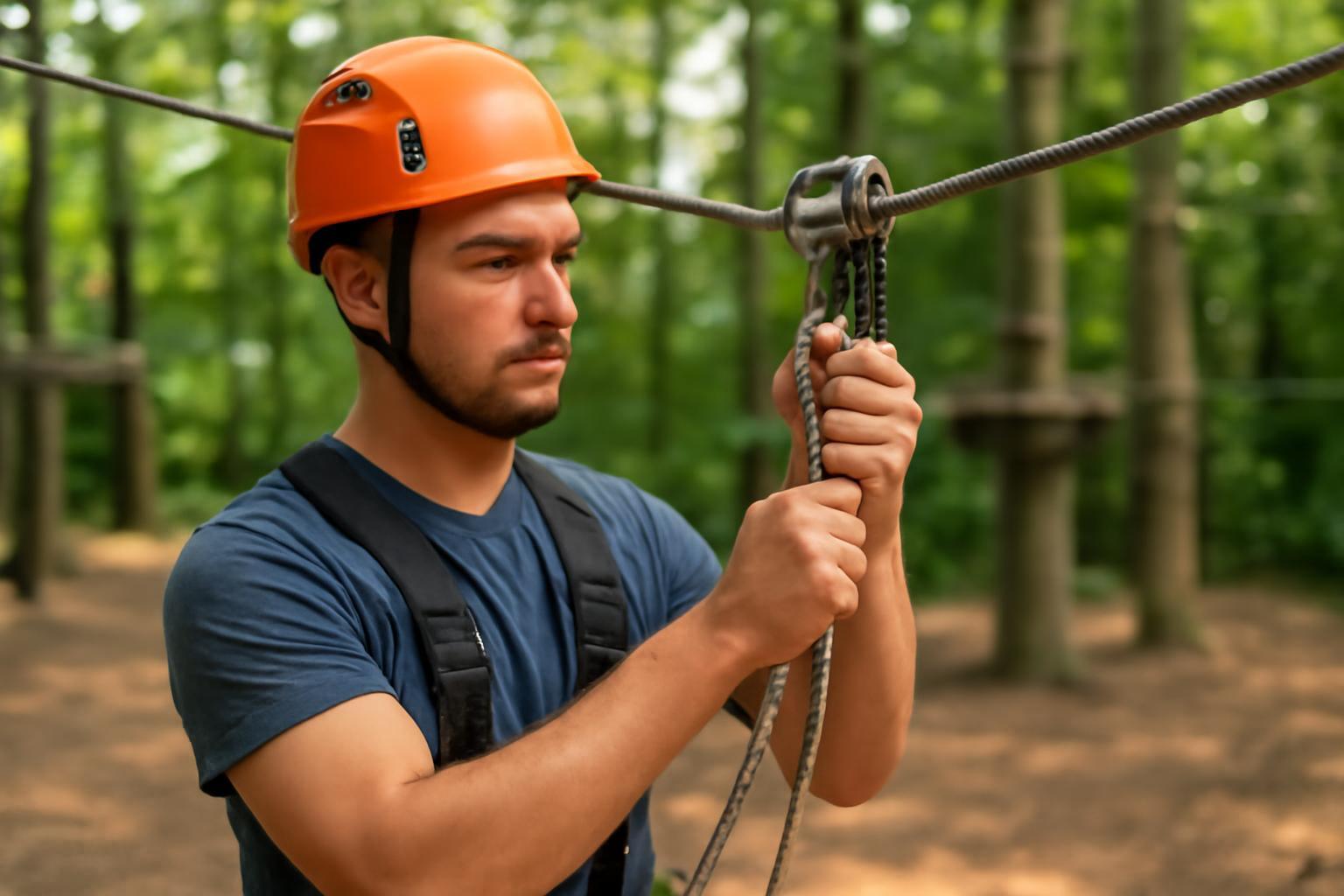 Egy drótkötélpálya kezelő a kalandparkban, biztonsági sisakban és hámba öltözve, a köteleket ellenőrzi.