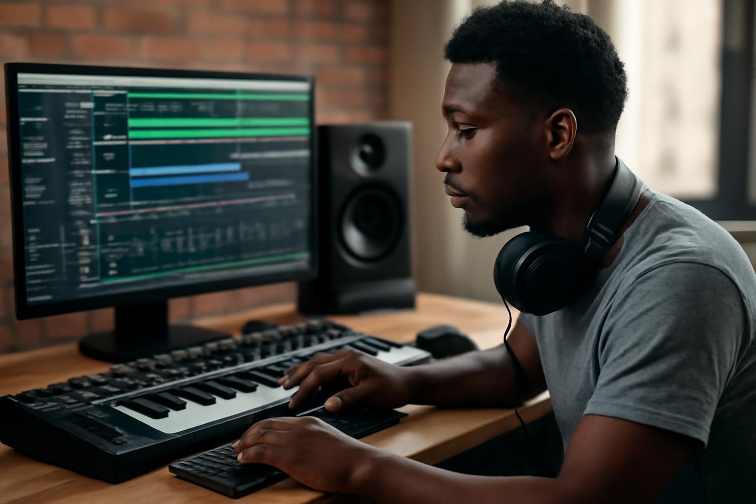 Egy dub producer zenei szoftverrel dolgozik, miközben a monitoron látható a projektje.