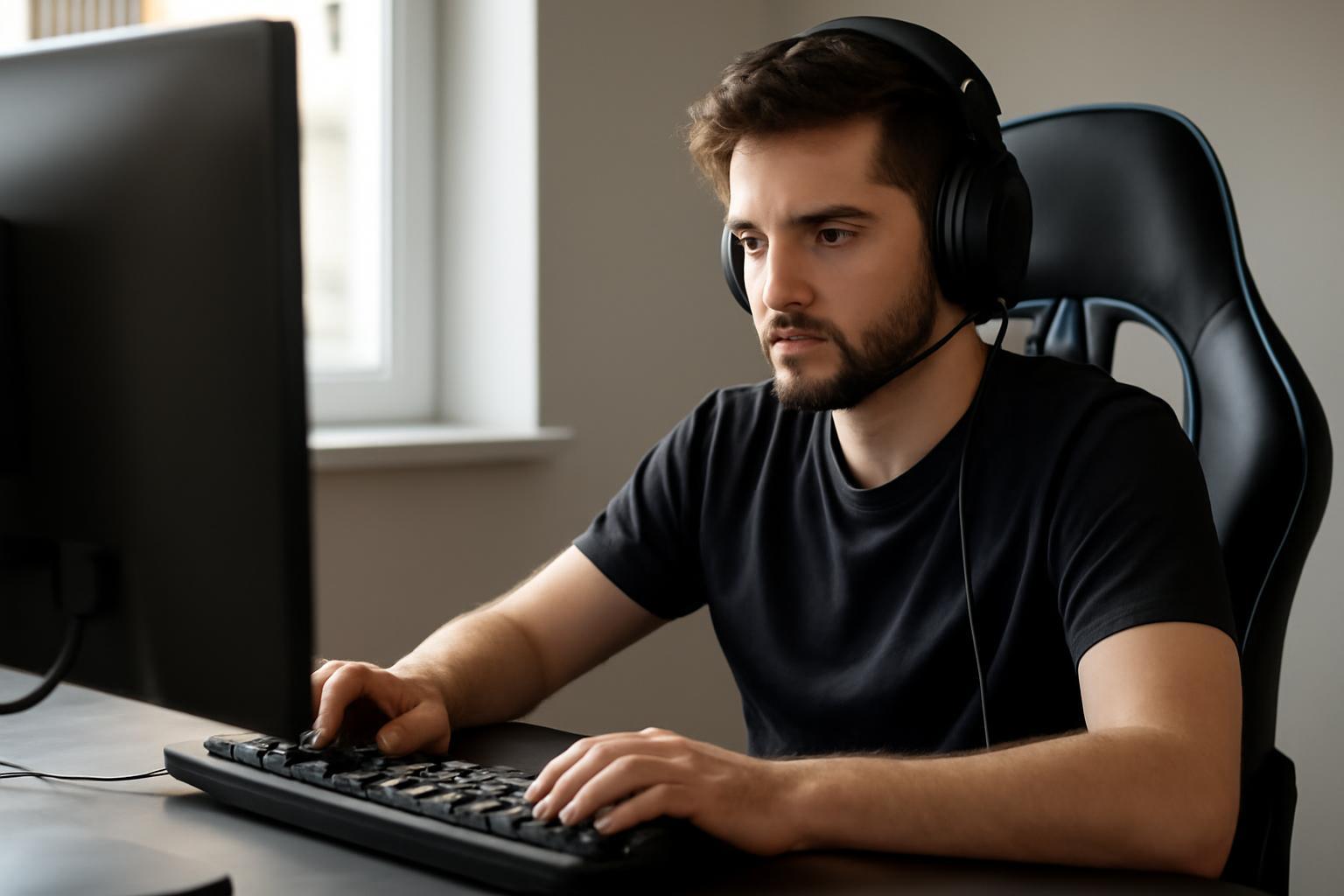 Egy fiatal férfi e-sport játék közben, figyelmesen a monitorra néz.