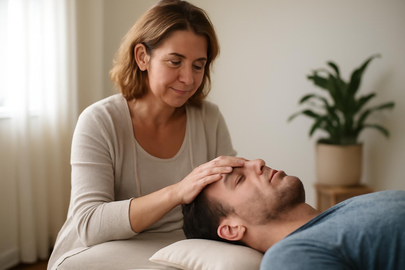 Egy ébrényterapeuta kezével érinti egy pihenő férfi homlokát, nyugodt környezetben.