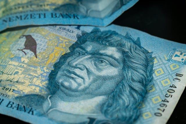 Közelkép egy 10 forintos bankjegyről, amely a Nemzeti Bank emblémáját tartalmazza.