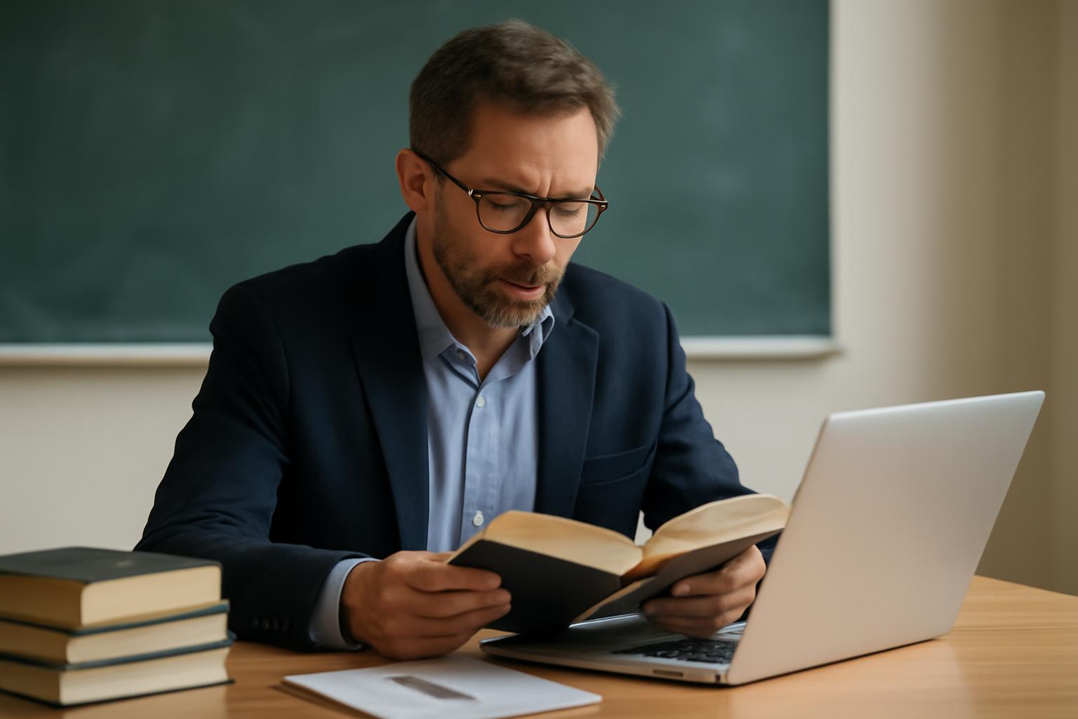 Egy egyetemi tanár könyvet olvas, miközben a laptopján dolgozik.