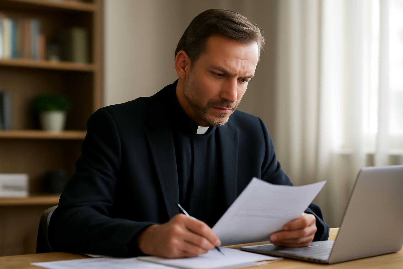 Egyházmegyei adminisztrátor dolgozik az íróasztalán, papírokat nézegetve.