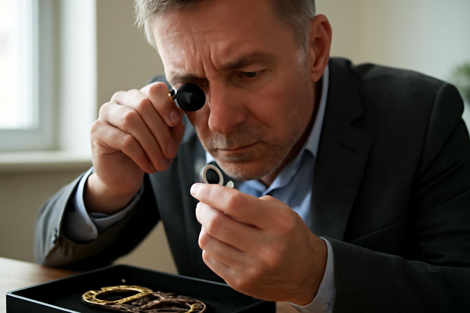 Ékszerbecsüs, aki nagyítóval vizsgál egy gyűrűt egy fekete dobozban.