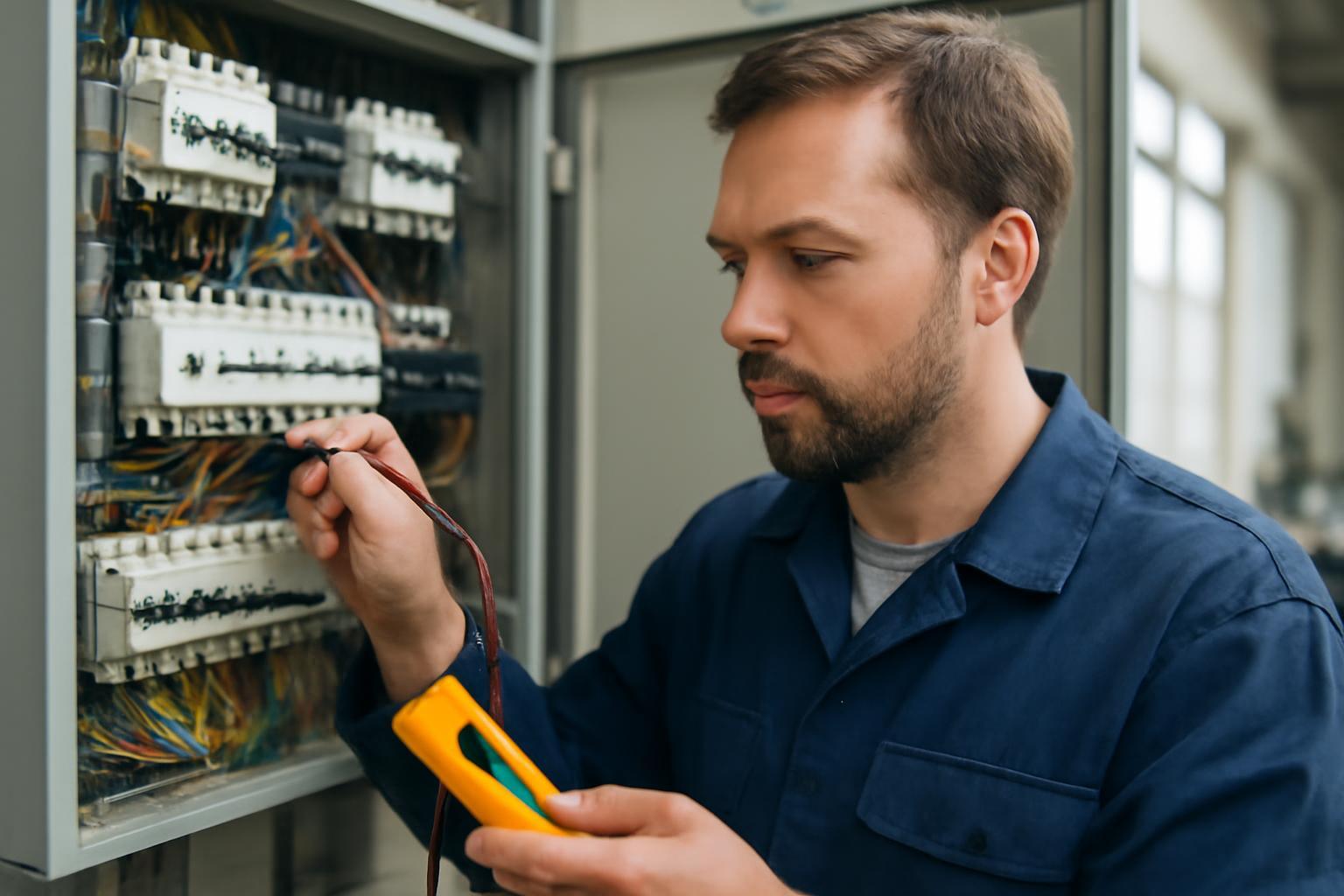 Egy elektromechanikai műszerész mérőműszerrel dolgozik egy vezérlőpanelen.