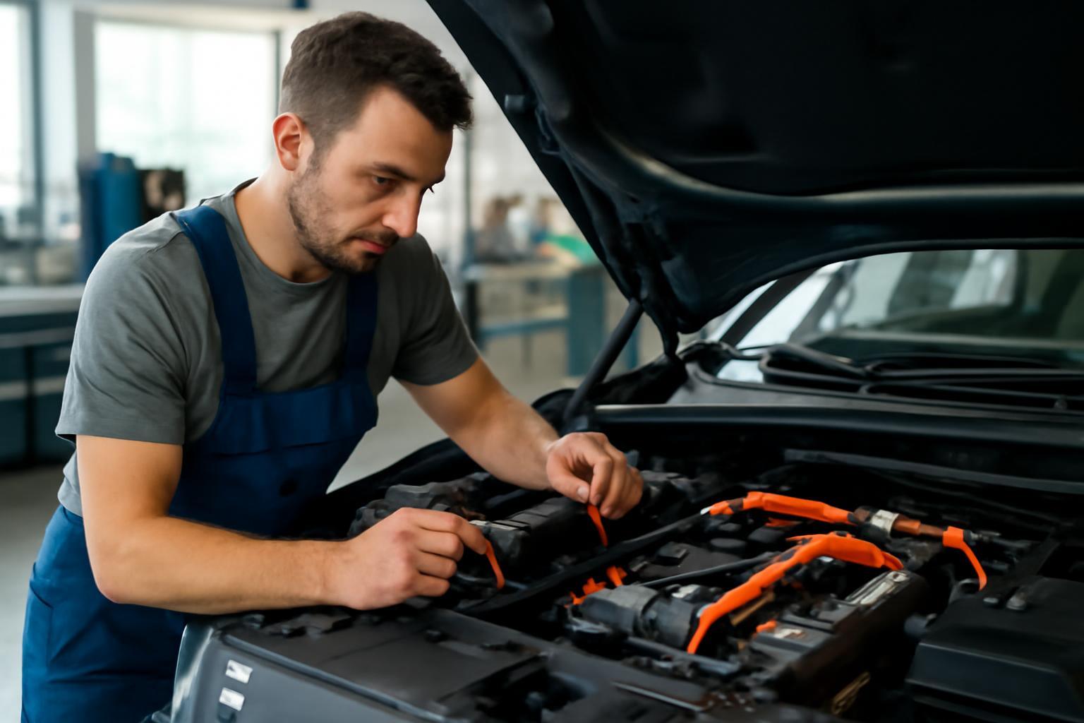 Egy elektromos autó szerelő a motorháztető alatt dolgozik, figyelmesen ellenőrzi a kábeleket.
