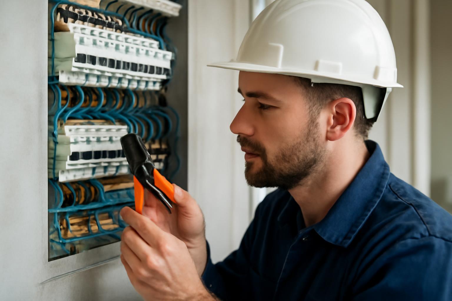 Egy elektromos hálózatszerelő munkálkodik egy elosztószekrényben.