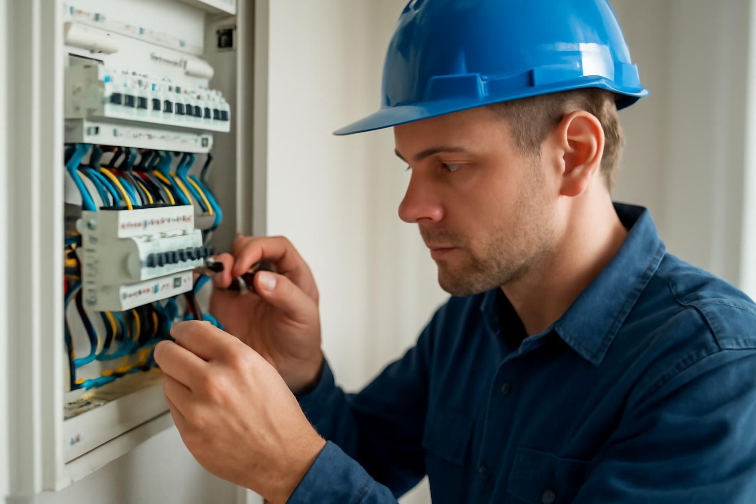Elektromos hibaelhárító dolgozik egy biztosítéktáblán, figyelmesen ellenőrzi a vezetékeket.