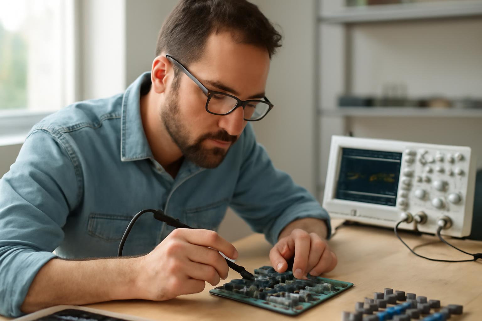 Egy elektronikai műszerész precízen dolgozik egy áramkörön, miközben műszereket használ.